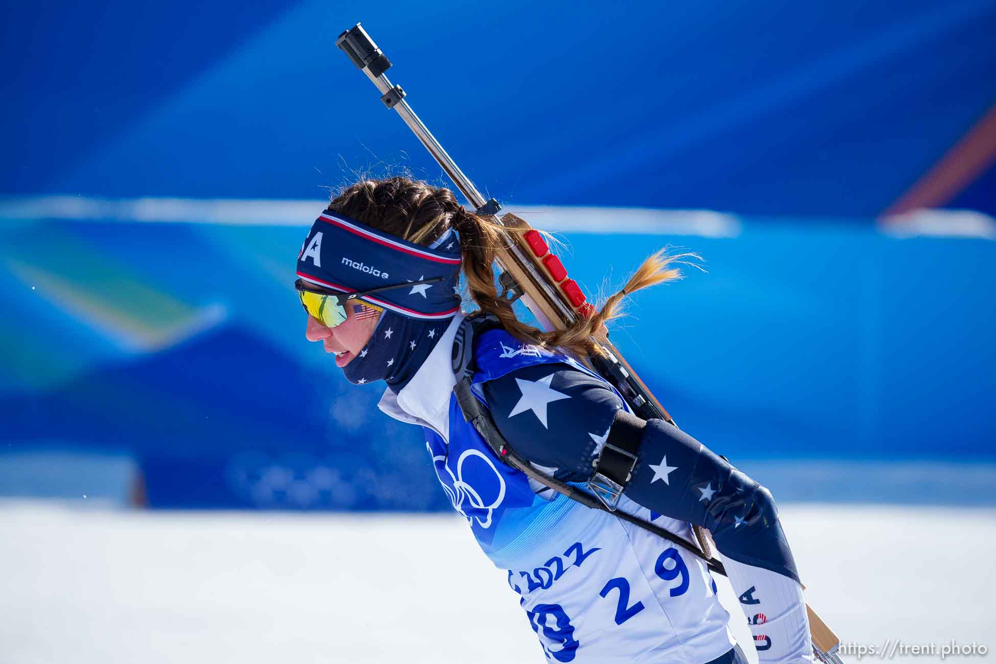 (Trent Nelson  |  The Salt Lake Tribune) Deedra Irwin (USA) in the women's 12.5km mass start, biathlon at the 2022 Beijing Winter Olympics on Friday, Feb. 18, 2022.