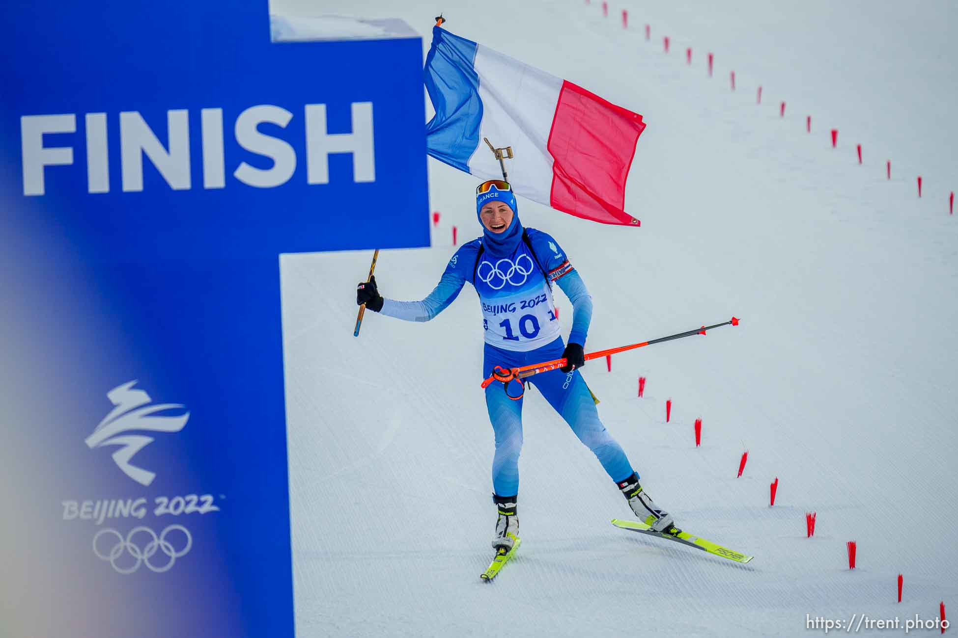 (Trent Nelson  |  The Salt Lake Tribune) Justine BRAISAZ-BOUCHET (France) wins gold in the women's 12.5km mass start, biathlon at the 2022 Beijing Winter Olympics on Friday, Feb. 18, 2022.