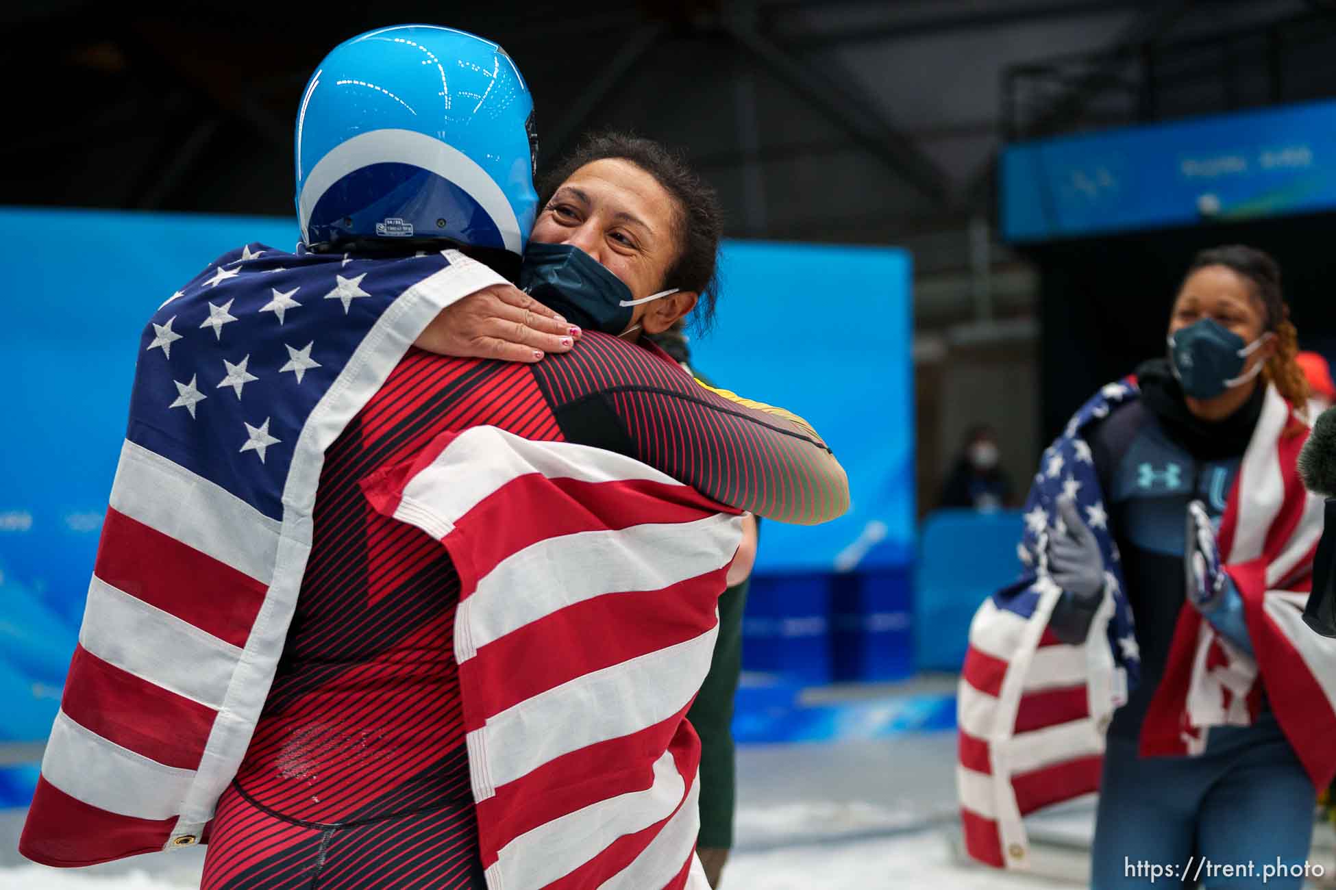 (Trent Nelson  |  The Salt Lake Tribune) Bronze medalist Elana Meyers Taylor embraces German gold medalist Deborah Levi after the 2-woman bobsled at the 2022 Beijing Winter Olympics in Yanqing on Saturday, Feb. 19, 2022. At right is Sylvia Hoffman.