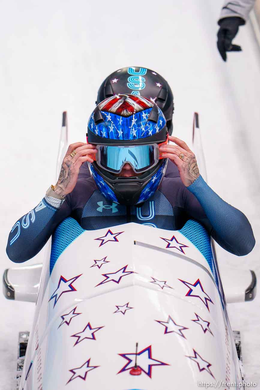 (Trent Nelson  |  The Salt Lake Tribune) Kaillie Humphries and Kaysha Love (USA) in 2-woman bobsled at the 2022 Beijing Winter Olympics in Yanqing on Saturday, Feb. 19, 2022.