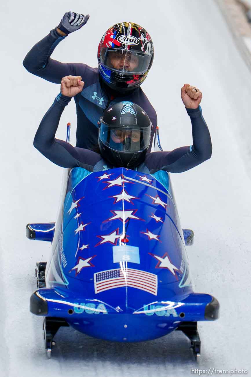 (Trent Nelson  |  The Salt Lake Tribune) Bronze medalists Elana Meyers Taylor and Sylvia Hoffman (USA) slide to the finish at 2-woman bobsled at the 2022 Beijing Winter Olympics in Yanqing on Saturday, Feb. 19, 2022.