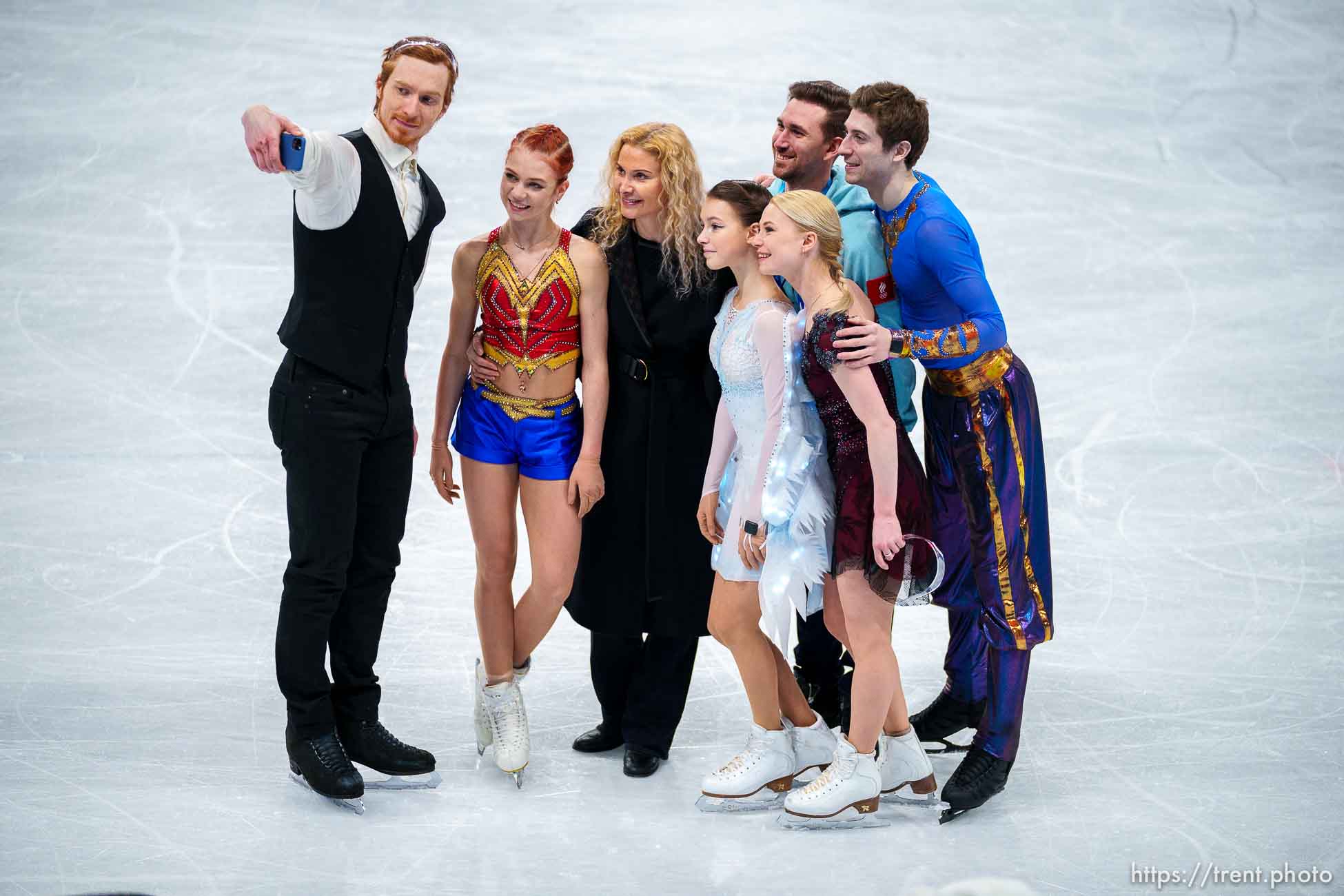 (Trent Nelson  |  The Salt Lake Tribune) Russian team selfie, in the figure skating exhibition gala at the 2022 Winter Olympics in Beijing on Sunday, Feb. 20, 2022.