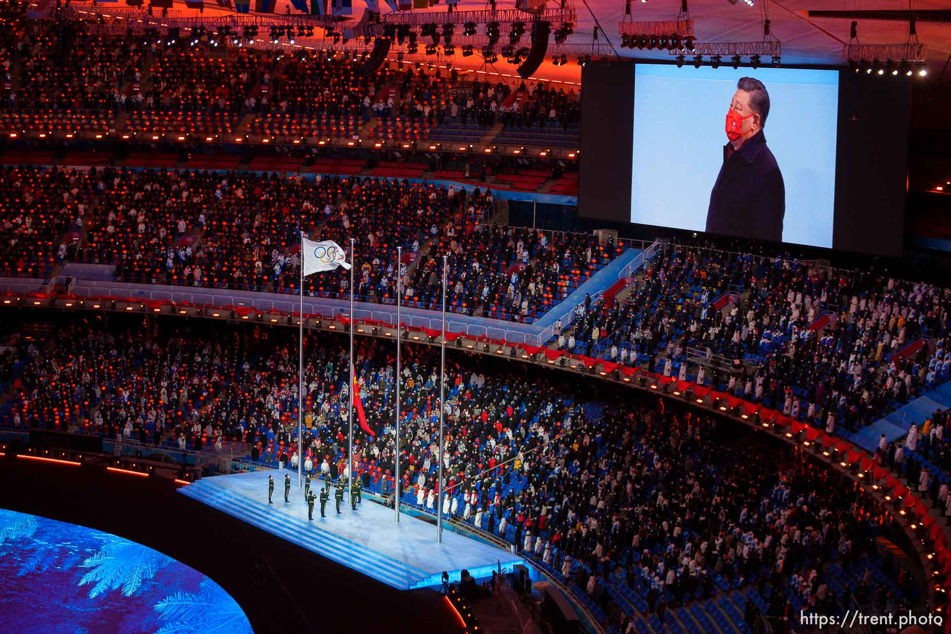 (Trent Nelson  |  The Salt Lake Tribune) Xi Jinping looks on as the Chinese flag is lowered at the closing ceremony of the 2022 Winter Olympics in Beijing on Sunday, Feb. 20, 2022.