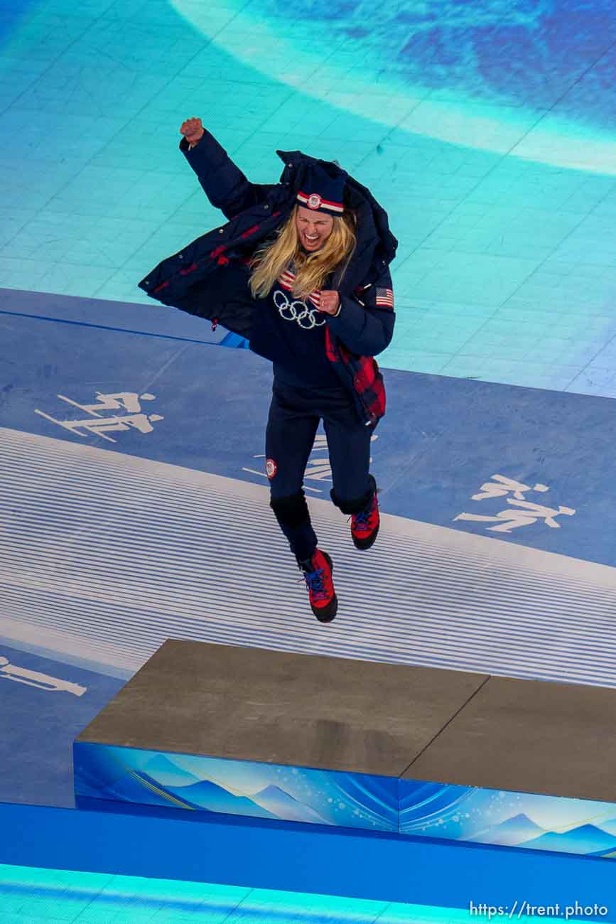 (Trent Nelson  |  The Salt Lake Tribune) Jessie Diggins celebrates her silver medal in women's 30km mass start free, cross-country skiing, during the closing ceremony of the 2022 Winter Olympics in Beijing on Sunday, Feb. 20, 2022.