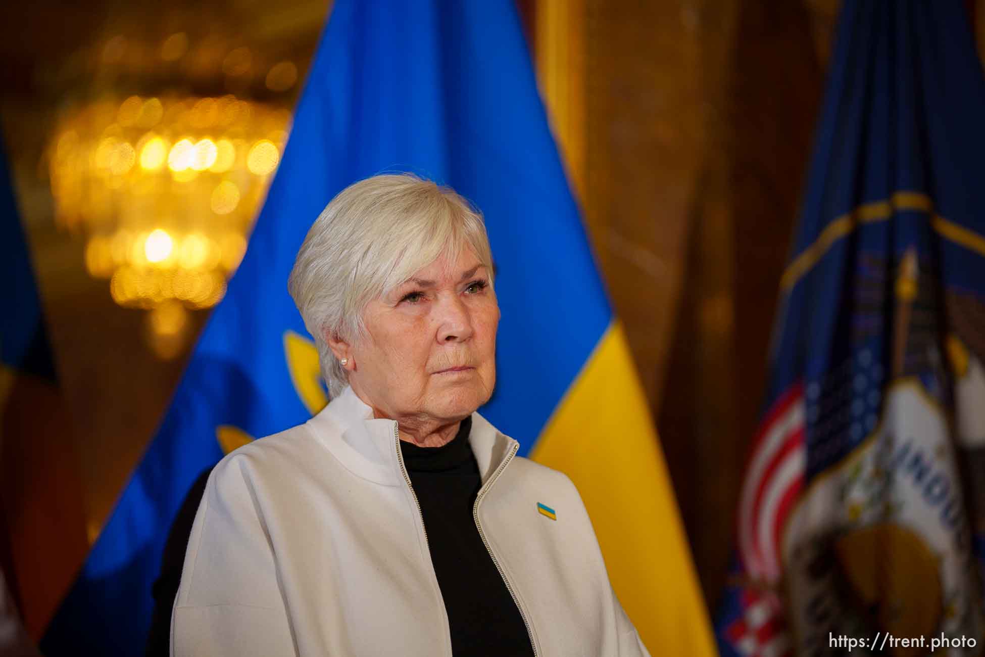 (Trent Nelson  |  The Salt Lake Tribune) Gail Miller at a news conference announcing an effort to raise donations for the people of Ukraine, at the State Capitol in Salt Lake City on Thursday, March 3, 2022.