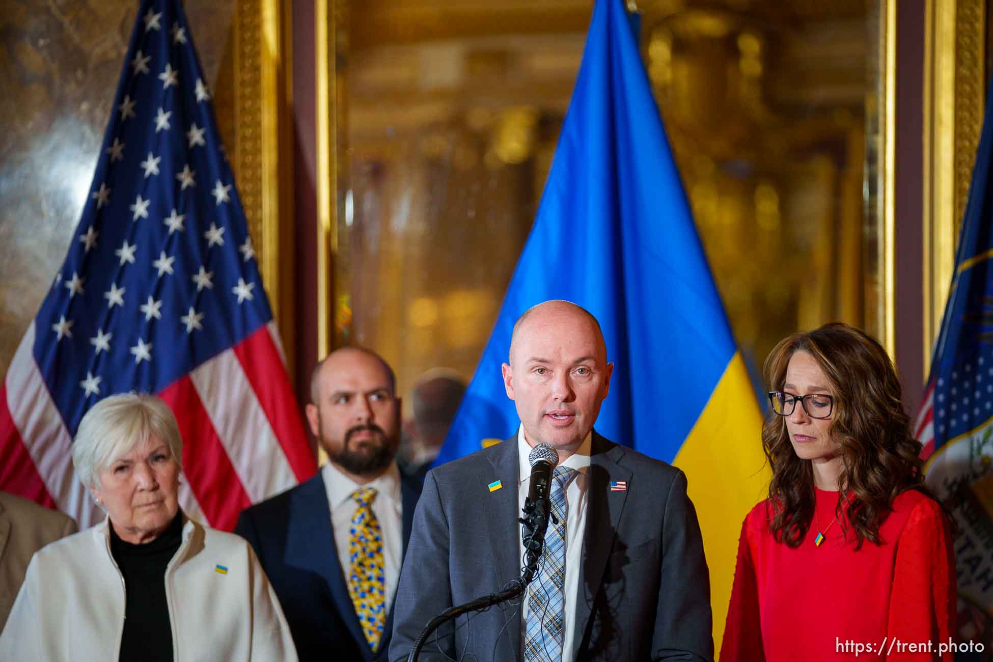 (Trent Nelson  |  The Salt Lake Tribune) Gov. Spencer Cox and local business owners announce an effort to raise donations for the people of Ukraine, at the State Capitol in Salt Lake City on Thursday, March 3, 2022. From left, Gail Miller, Chris Conard, Cox, Abby Cox.