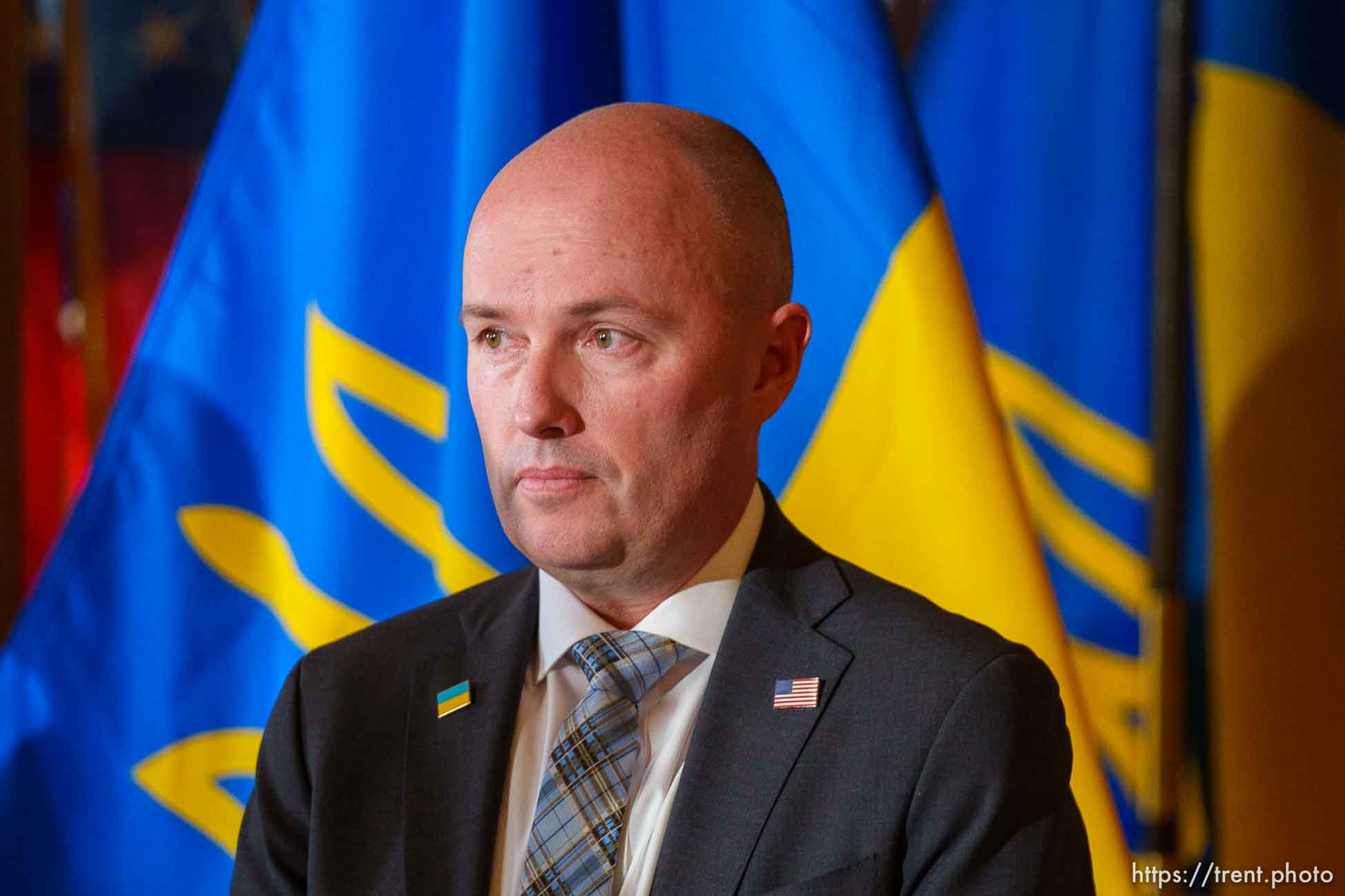 (Trent Nelson  |  The Salt Lake Tribune) Gov. Spencer Cox and local business owners announce an effort to raise donations for the people of Ukraine, at the State Capitol in Salt Lake City on Thursday, March 3, 2022.