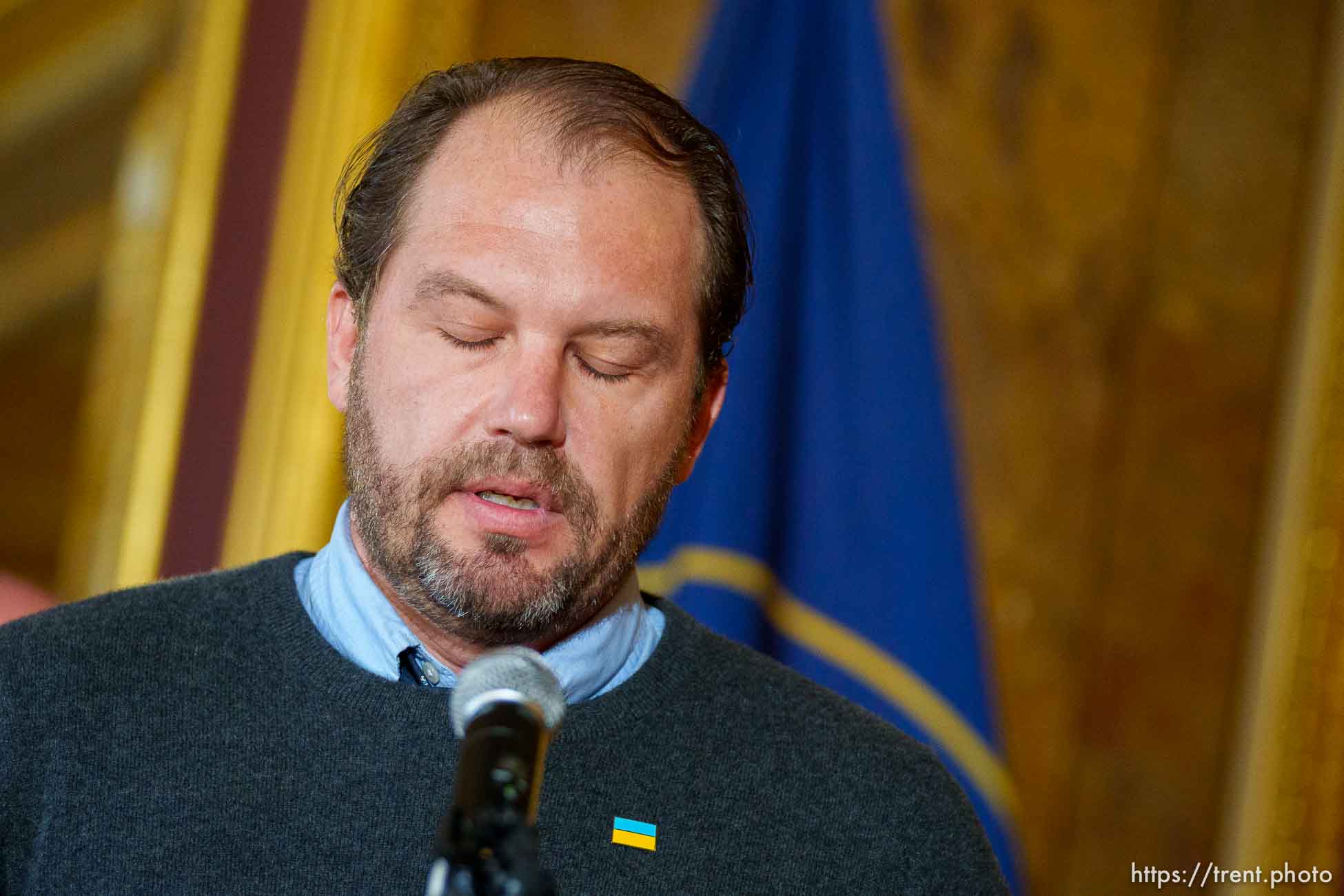 (Trent Nelson  |  The Salt Lake Tribune) Maxim Morozoff at a news conference with local business owners announcing an effort to raise donations for the people of Ukraine, at the State Capitol in Salt Lake City on Thursday, March 3, 2022.