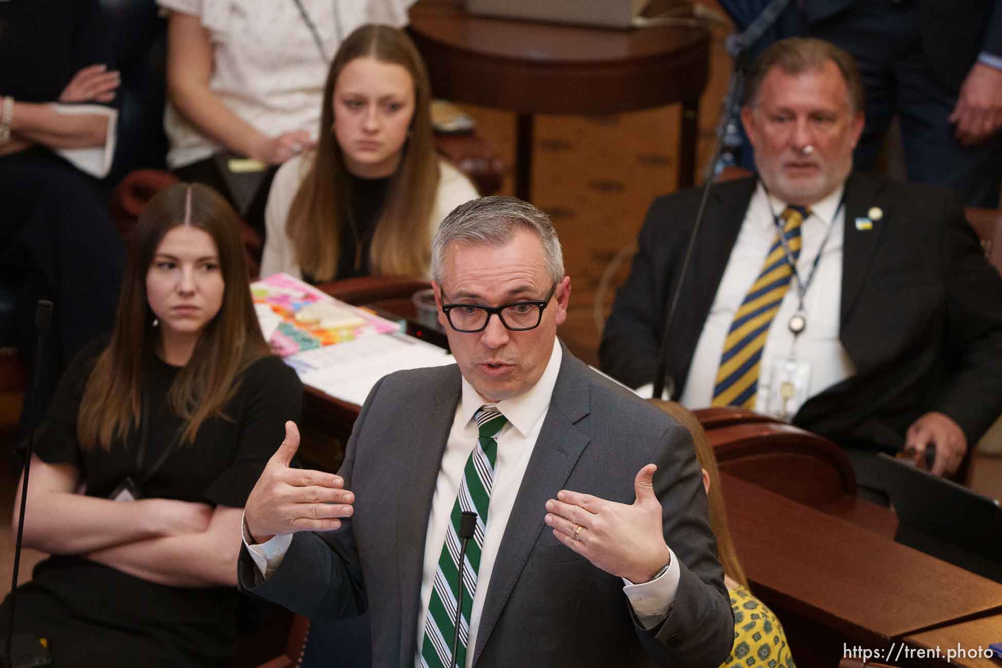 (Trent Nelson  |  The Salt Lake Tribune) Sen. Daniel McCay, R-Riverton, during debate in the Utah Senate over a bill that would bar transgender girls from competing in school sports matching their gender identities, in Salt Lake City on Friday, March 4, 2022.