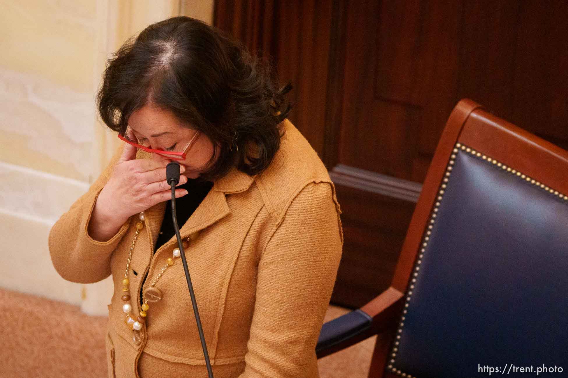 (Trent Nelson  |  The Salt Lake Tribune) Sen. Jani Iwamoto, D-Holladay, pauses while speaking in the Utah Senate against a bill that would bar transgender girls from competing in school sports matching their gender identities, in Salt Lake City on Friday, March 4, 2022.