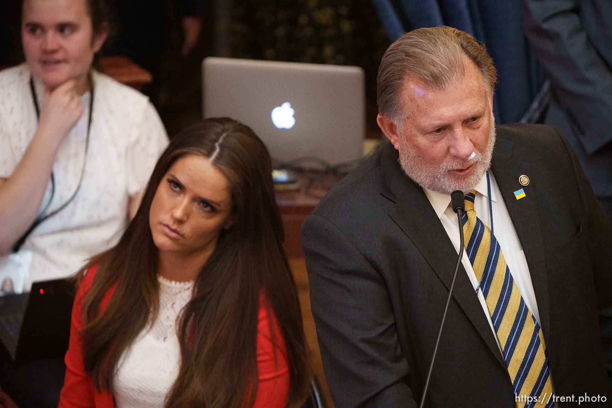 (Trent Nelson  |  The Salt Lake Tribune) Rep. Kera Birkeland, R-Morgan, and Sen. Curtis Bramble, R-Provo, during debate in the Utah Senate over a bill that would bar transgender girls from competing in school sports matching their gender identities, in Salt Lake City on Friday, March 4, 2022.