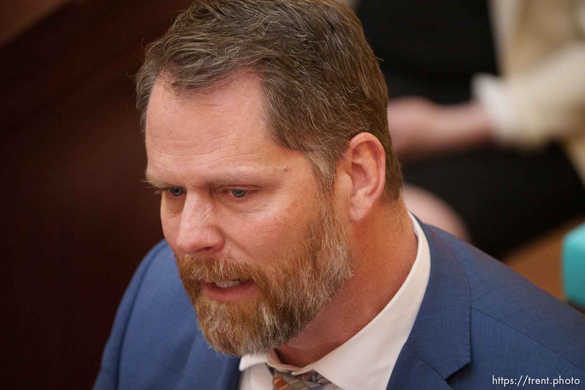 (Trent Nelson  |  The Salt Lake Tribune) Sen. Jacob Anderegg, R-Lehi, says he hates the bill and then votes for a bill in the Utah Senate that would bar transgender girls from competing in school sports matching their gender identities, in Salt Lake City on Friday, March 4, 2022.