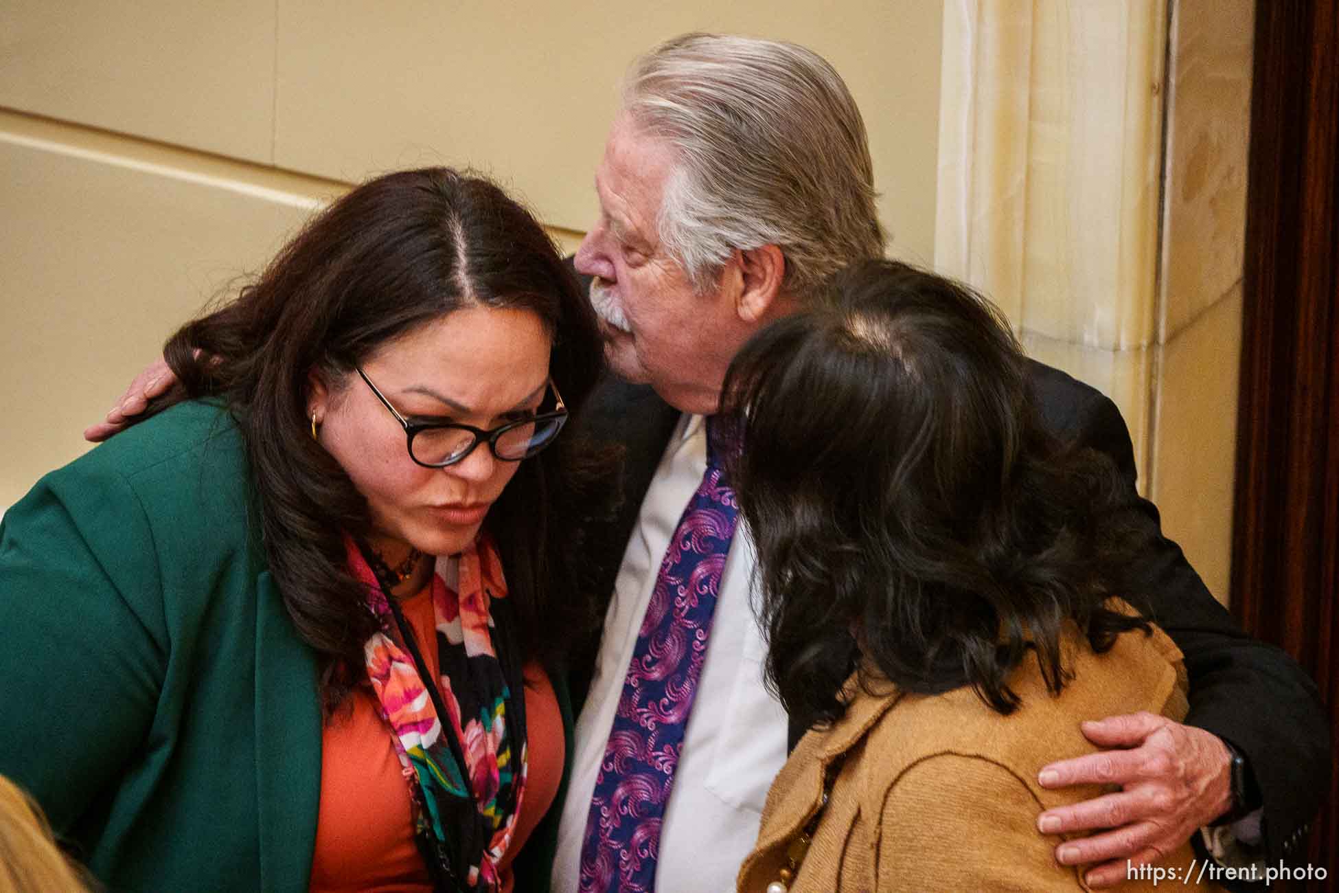 (Trent Nelson  |  The Salt Lake Tribune) Sen. Luz Escamilla, D-Salt Lake City, Sen. Gene Davis, D-Salt Lake City, and Sen. Jani Iwamoto, D-Holladay, after a bill passed in the Utah Senate that would bar transgender girls from competing in school sports matching their gender identities, in Salt Lake City on Friday, March 4, 2022.