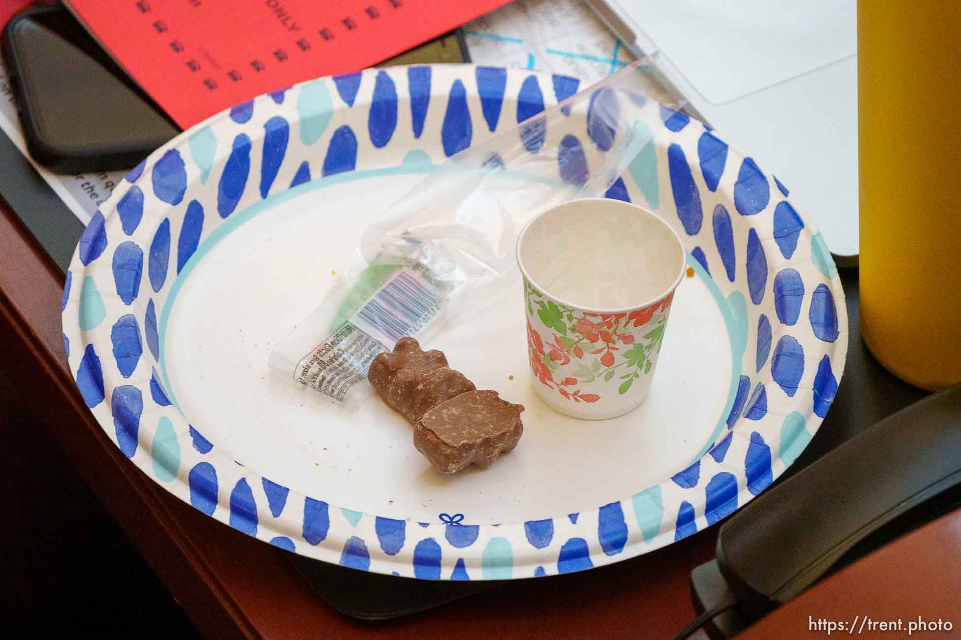 (Trent Nelson  |  The Salt Lake Tribune) Snacks on the desk of a legislator in the House Chamber on the last night of the session, in Salt Lake City on Friday, March 4, 2022.