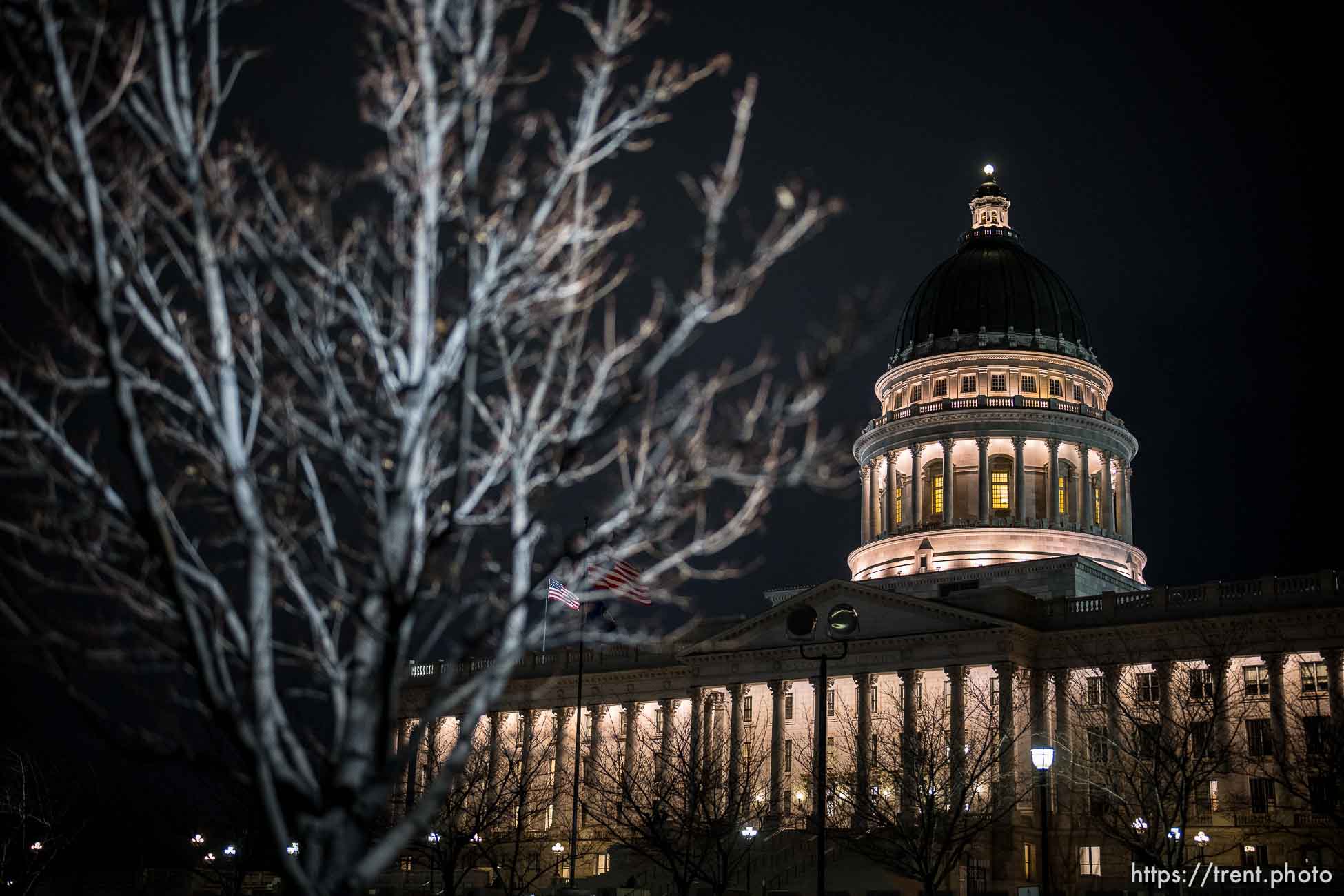 (Trent Nelson  |  The Salt Lake Tribune) The State Capitol in Salt Lake City at the end of the legislative session, early Saturday, March 5, 2022.