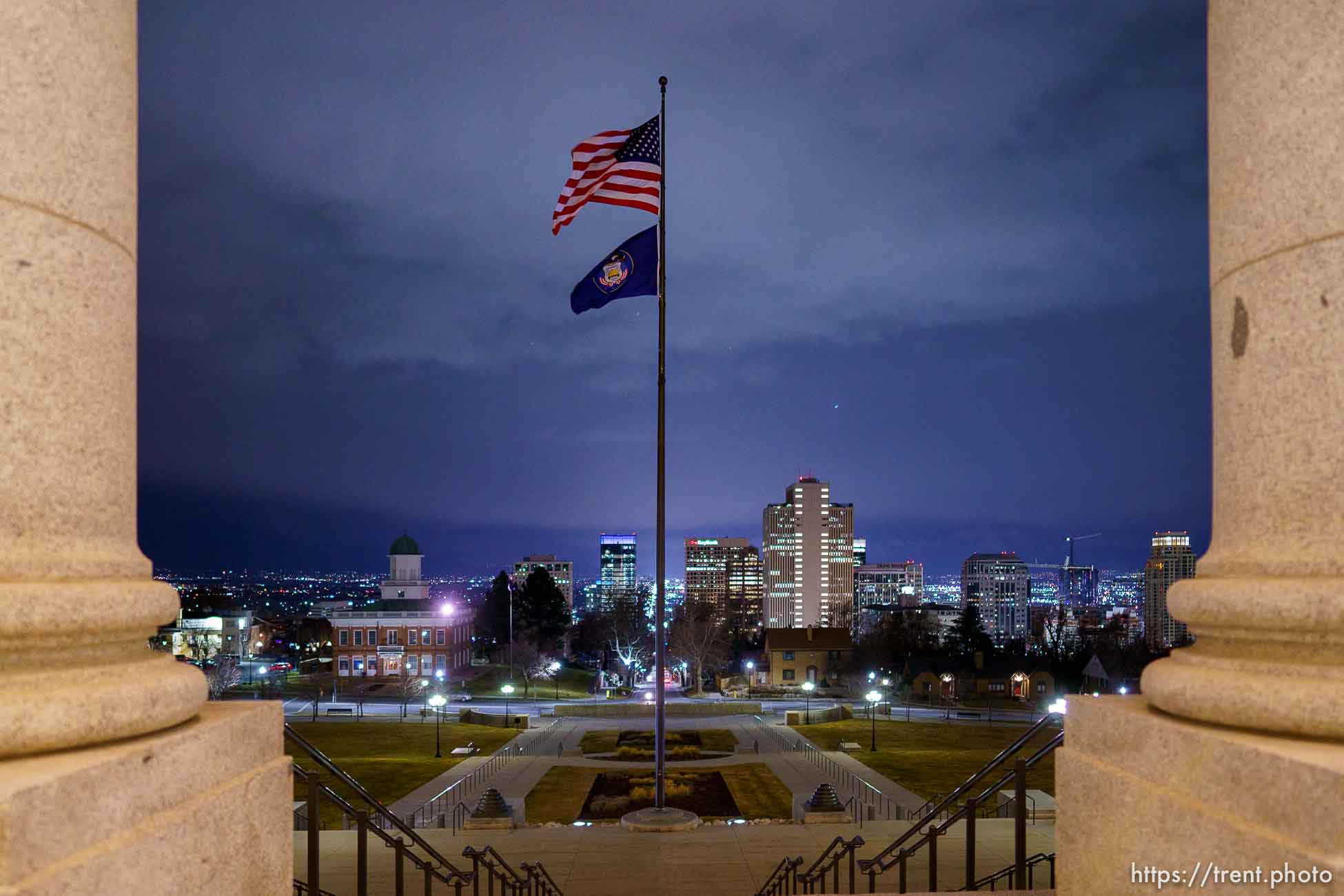 (Trent Nelson  |  The Salt Lake Tribune) Salt Lake City as seen from the State Capitol at the end of the legislative session, early Saturday, March 5, 2022.