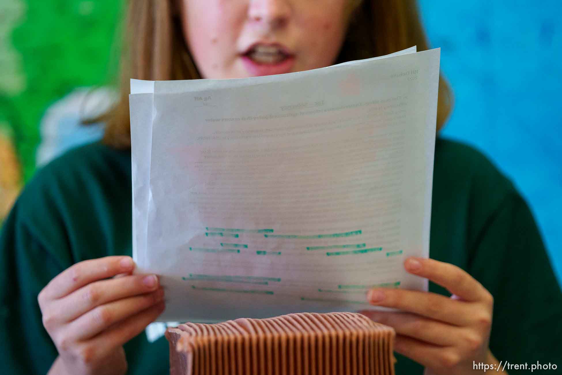 (Trent Nelson  |  The Salt Lake Tribune) Lila Bates does a practice speech during a debate session at Rowland Hall school in Salt Lake City on Thursday, March 10, 2022.