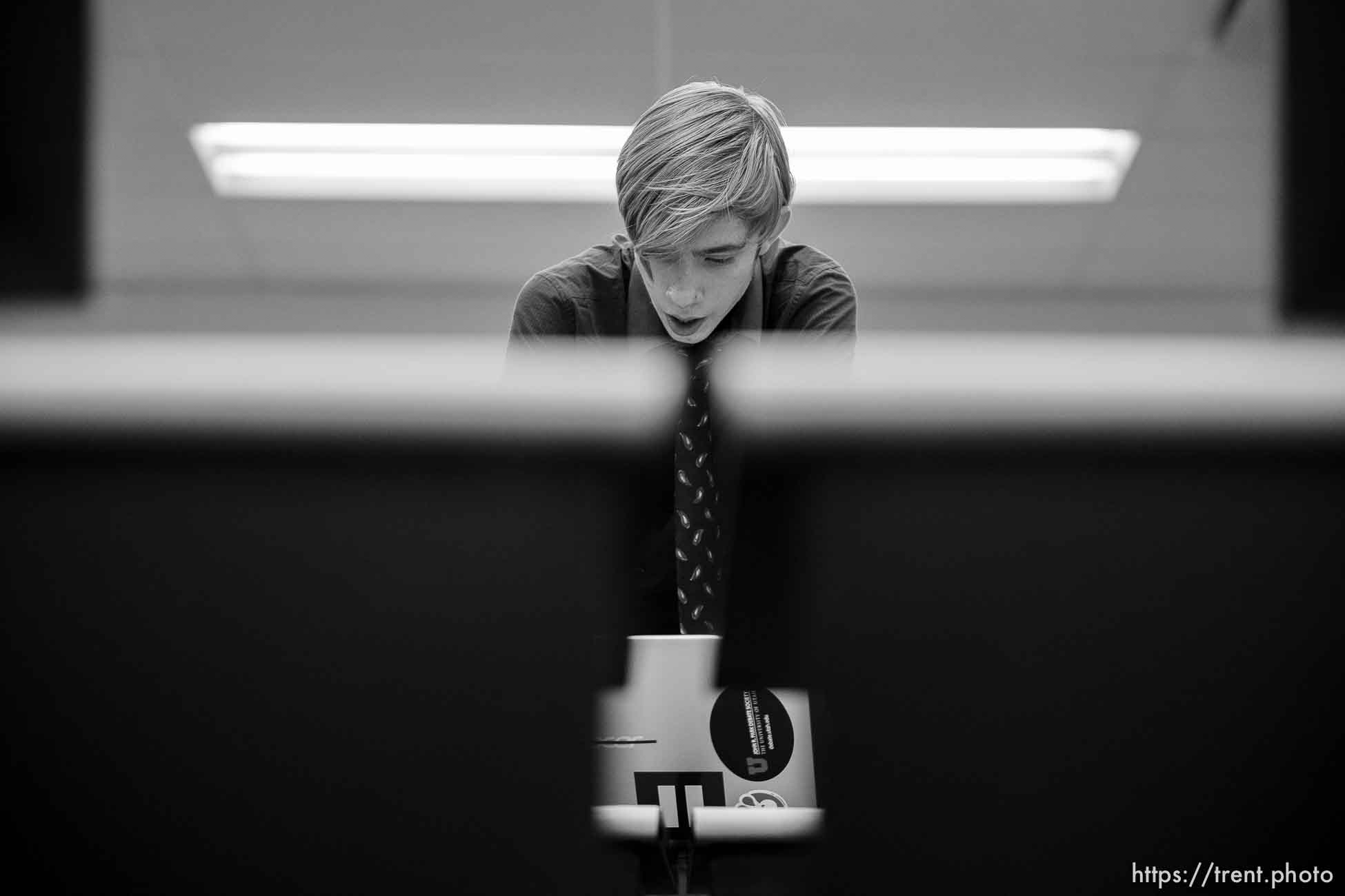 (Trent Nelson  |  The Salt Lake Tribune) Lance Guman, member of the Highland High School debate team, at the 5A state tournament at Stansbury High School in Stansbury Park on Friday, March 11, 2022.