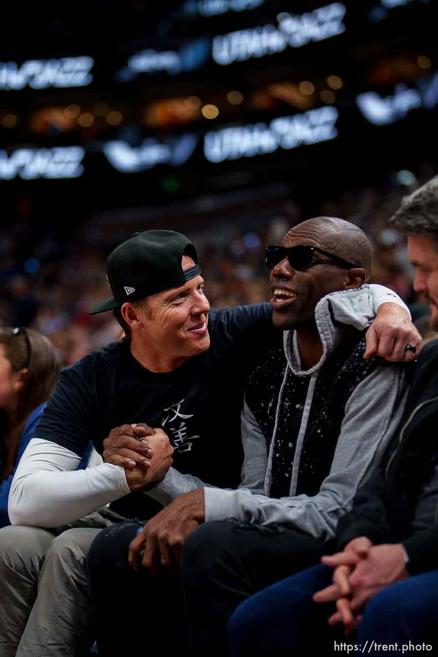 (Trent Nelson  |  The Salt Lake Tribune) Jazz owner Ryan Smith with NFL star Terrell Owens as the Utah Jazz host the Sacramento Kings, NBA basketball in Salt Lake City on Saturday, March 12, 2022.