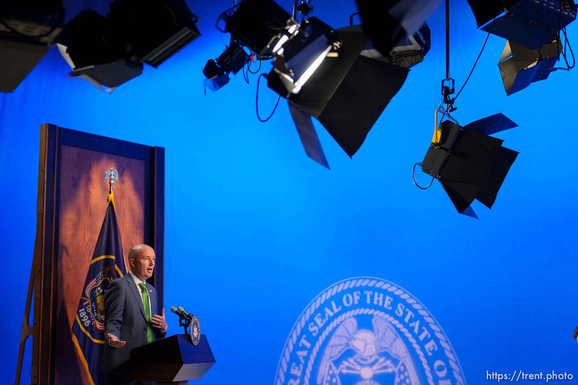 (Trent Nelson  |  The Salt Lake Tribune) Gov. Spencer Cox speaks at his monthly news conference in Salt Lake City on Thursday, March 17, 2022.