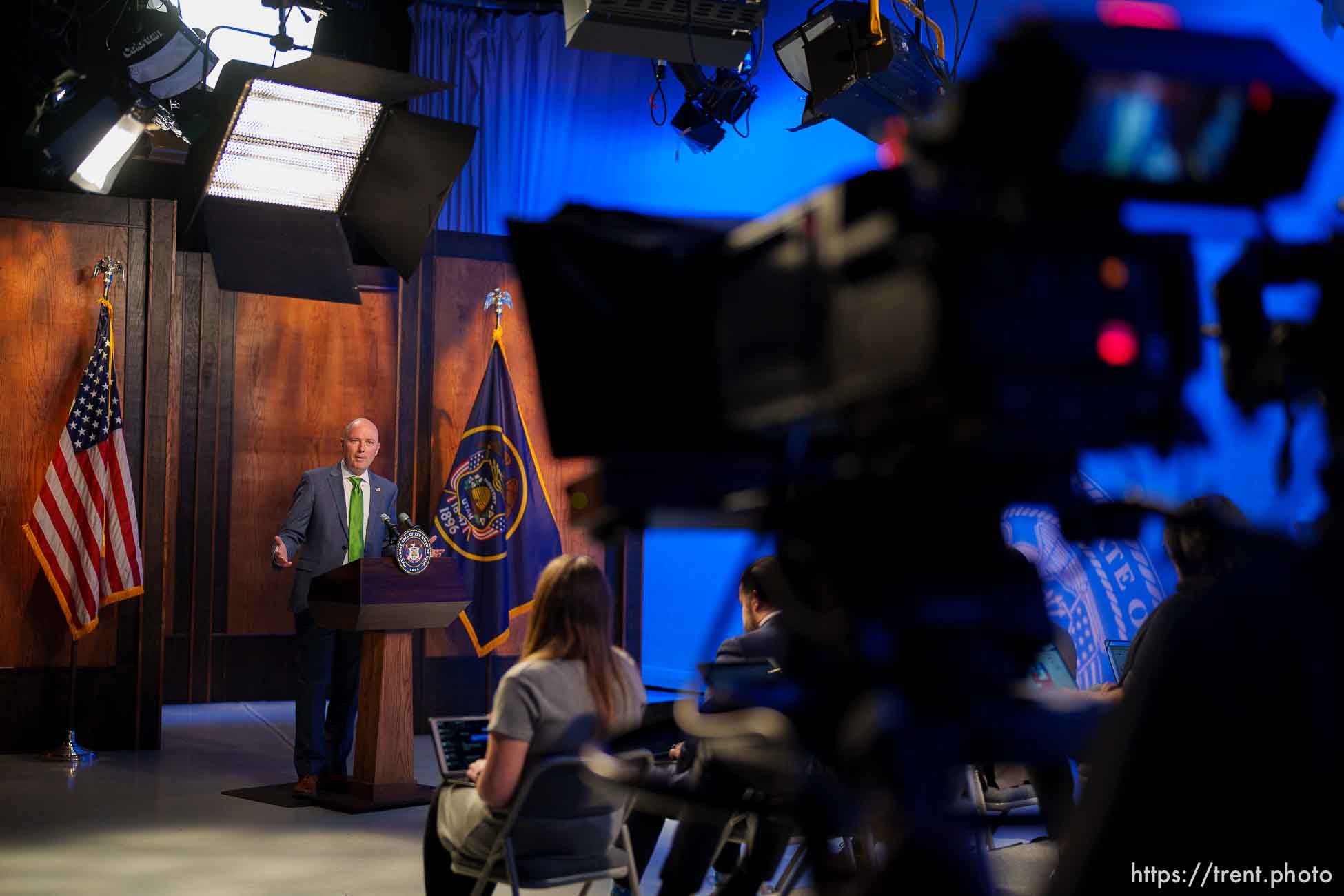 (Trent Nelson  |  The Salt Lake Tribune) Gov. Spencer Cox speaks at his monthly news conference in Salt Lake City on Thursday, March 17, 2022.