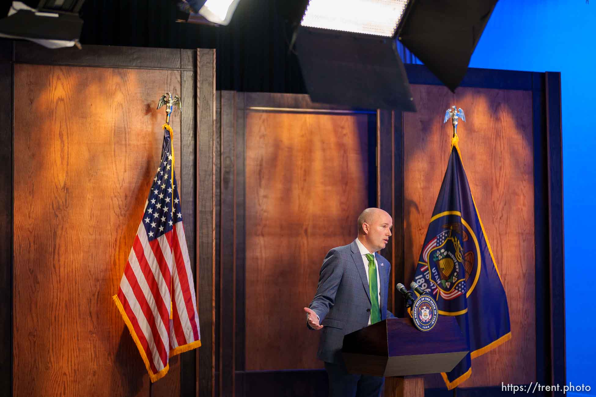 (Trent Nelson  |  The Salt Lake Tribune) Gov. Spencer Cox speaks at his monthly news conference in Salt Lake City on Thursday, March 17, 2022.