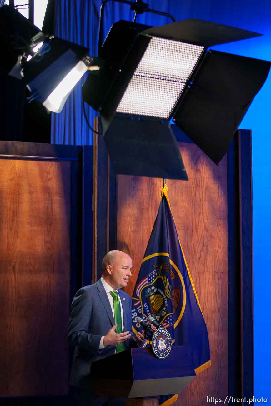 (Trent Nelson  |  The Salt Lake Tribune) Gov. Spencer Cox speaks at his monthly news conference in Salt Lake City on Thursday, March 17, 2022.