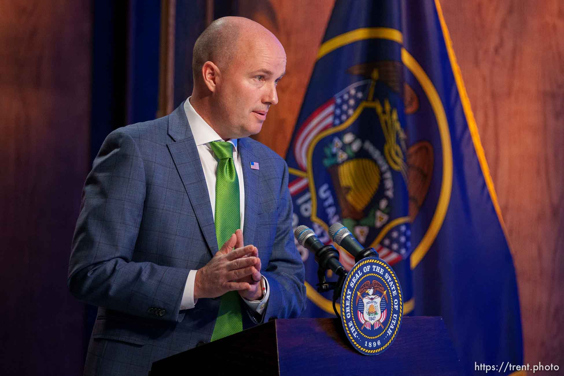 (Trent Nelson  |  The Salt Lake Tribune) Gov. Spencer Cox speaks at his monthly news conference in Salt Lake City on Thursday, March 17, 2022.