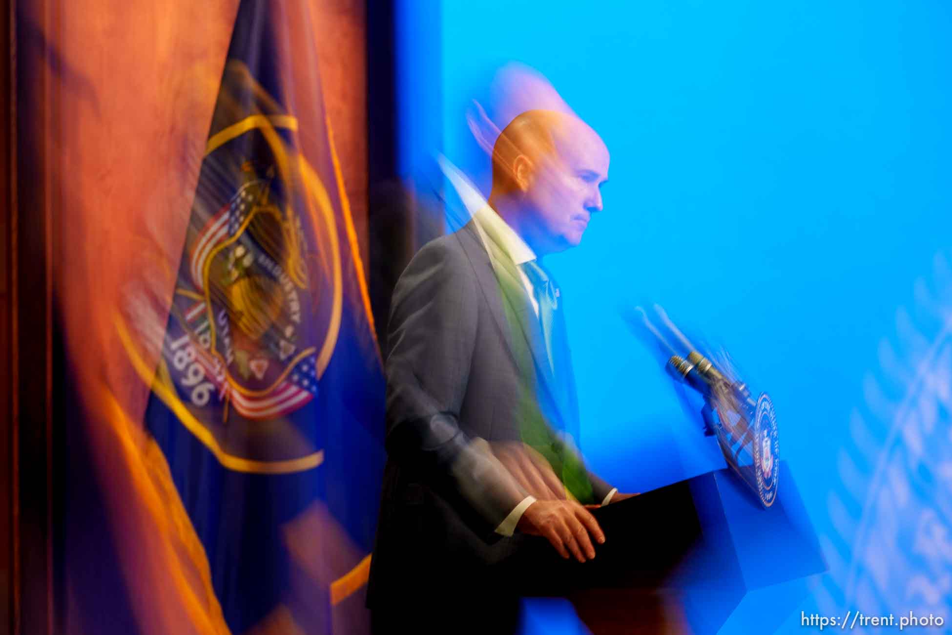 (Trent Nelson  |  The Salt Lake Tribune) Gov. Spencer Cox speaks at his monthly news conference in Salt Lake City on Thursday, March 17, 2022.