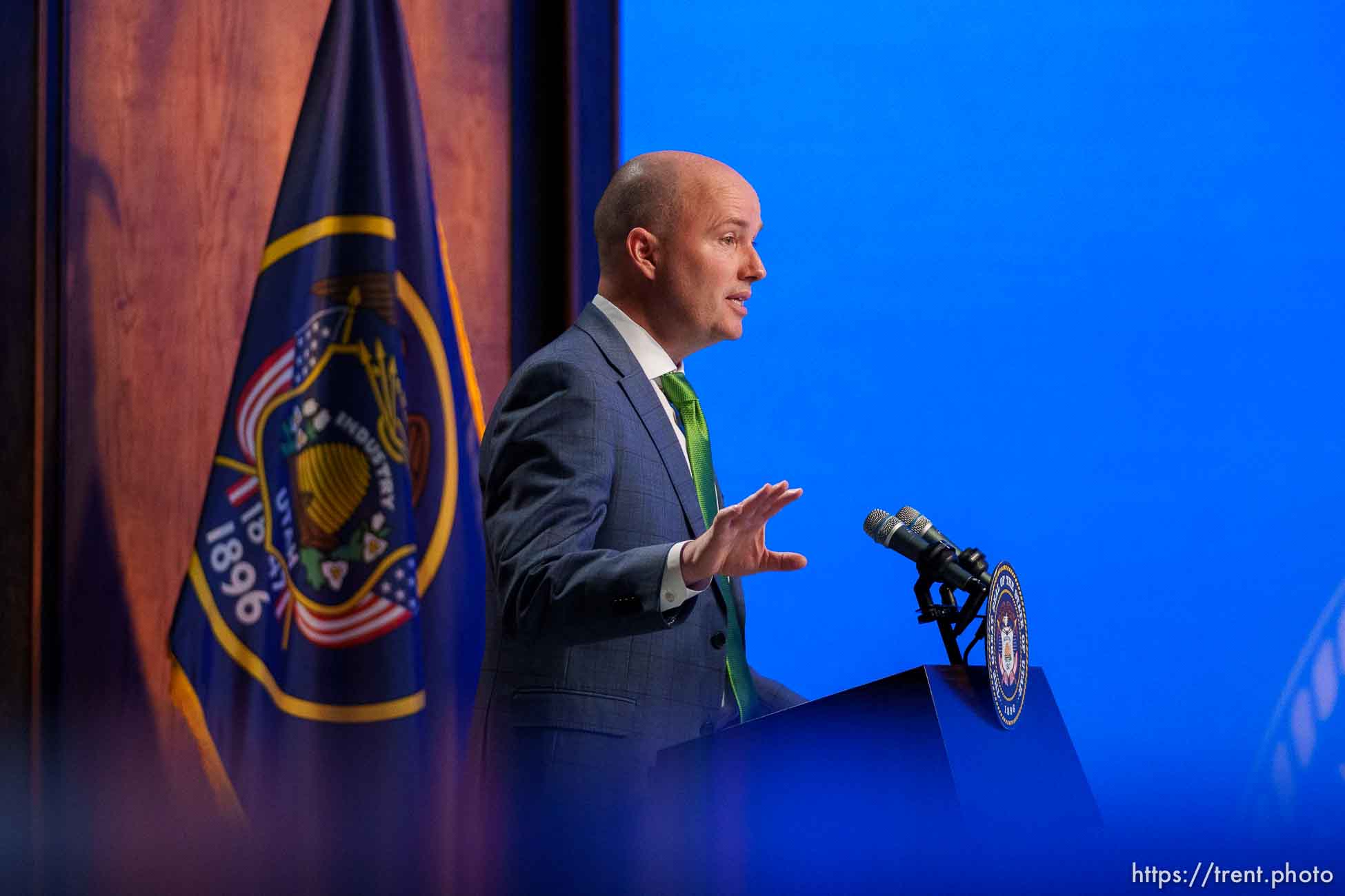 (Trent Nelson  |  The Salt Lake Tribune) Gov. Spencer Cox speaks at his monthly news conference in Salt Lake City on Thursday, March 17, 2022.