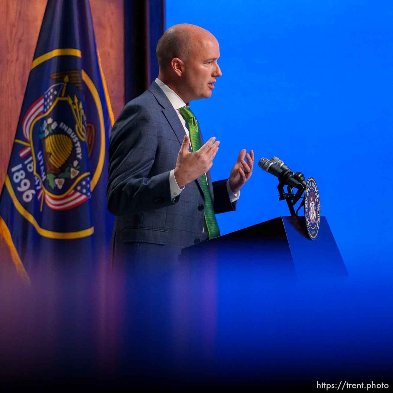 (Trent Nelson  |  The Salt Lake Tribune) Gov. Spencer Cox speaks at his monthly news conference in Salt Lake City on Thursday, March 17, 2022.