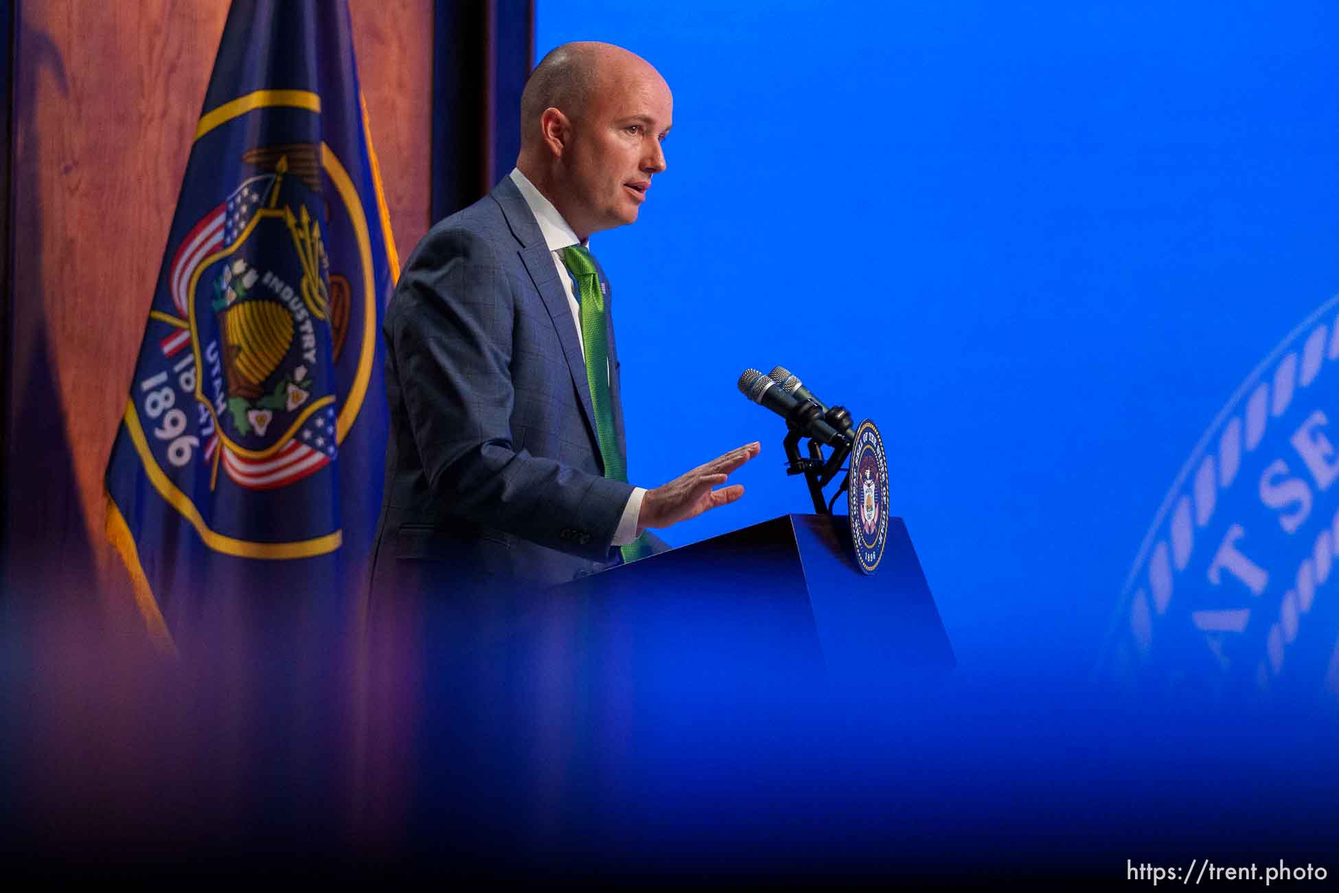 (Trent Nelson  |  The Salt Lake Tribune) Gov. Spencer Cox speaks at his monthly news conference in Salt Lake City on Thursday, March 17, 2022.