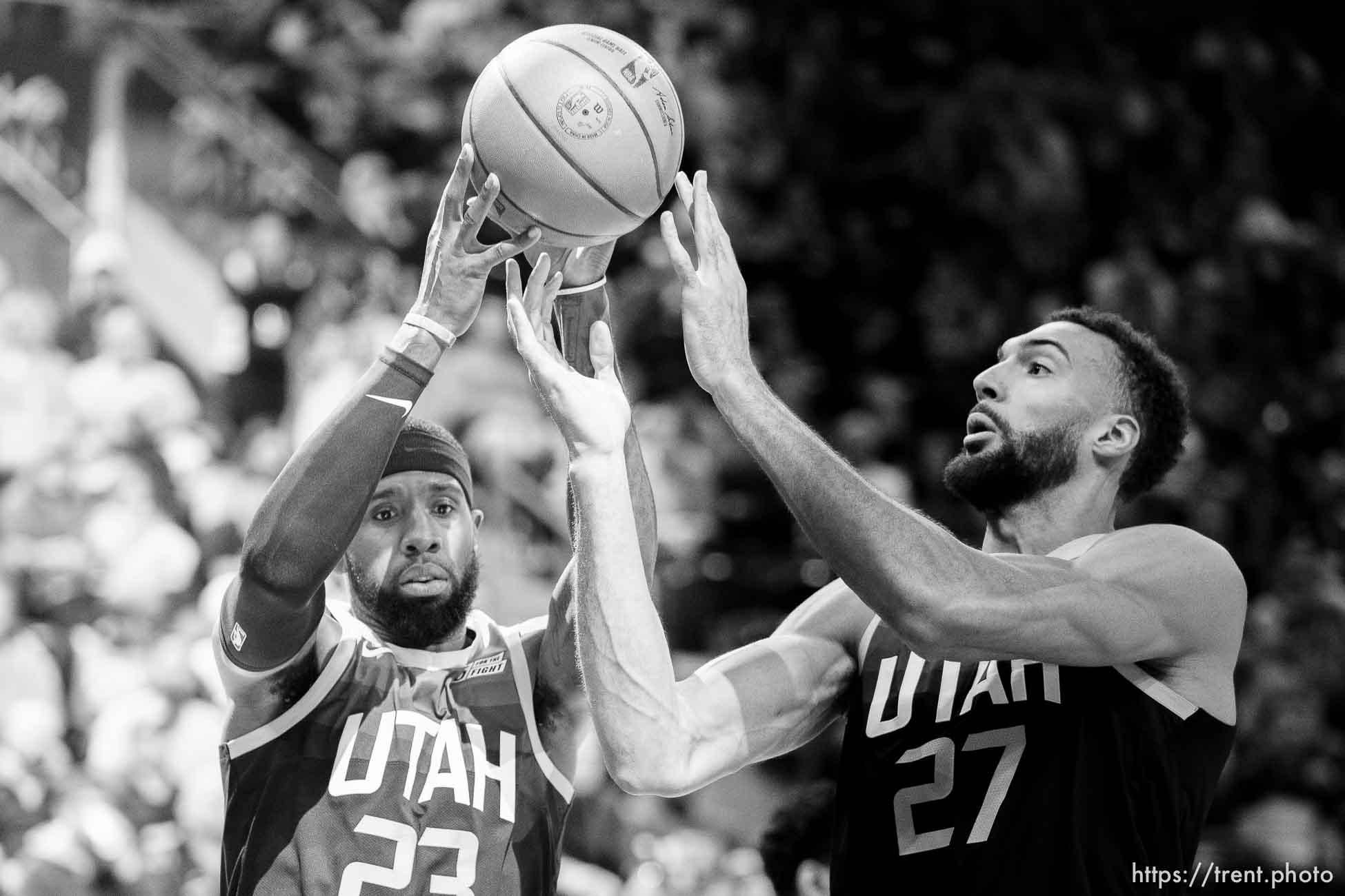 (Trent Nelson  |  The Salt Lake Tribune) Utah Jazz forward Royce O'Neale (23) and Utah Jazz center Rudy Gobert (27) as the Utah Jazz host the Los Angeles Clippers, NBA basketball in Salt Lake City on Friday, March 18, 2022.