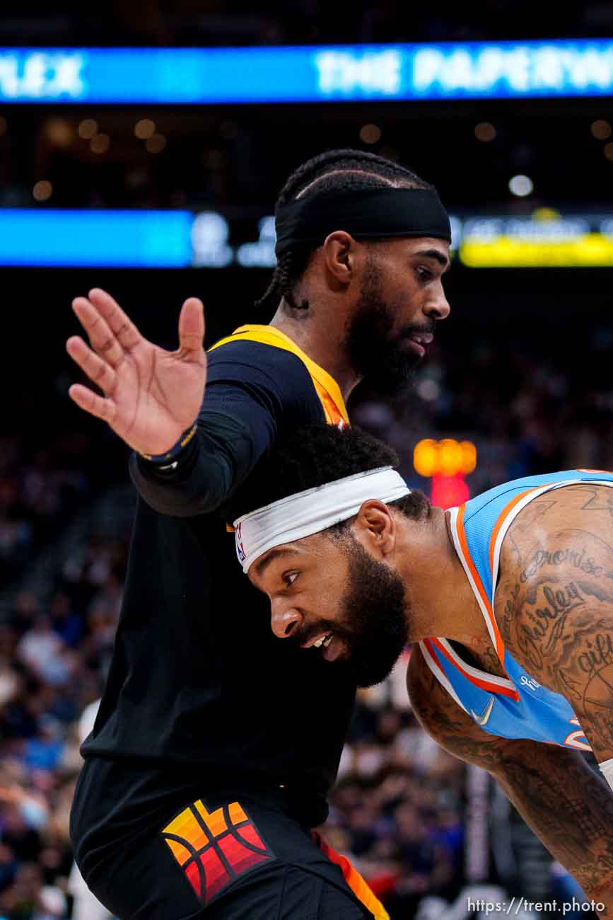 (Trent Nelson  |  The Salt Lake Tribune) Utah Jazz guard Mike Conley (11) and LA Clippers forward Marcus Morris Sr. (8) as the Utah Jazz host the Los Angeles Clippers, NBA basketball in Salt Lake City on Friday, March 18, 2022.