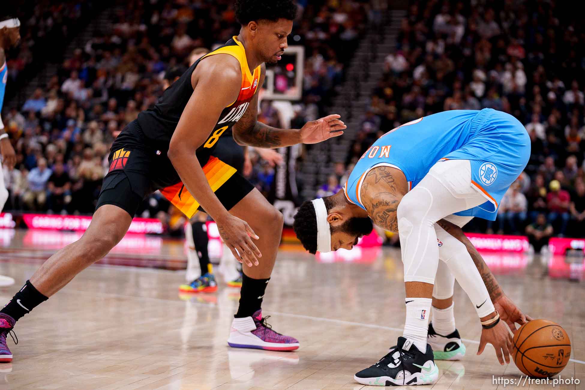 (Trent Nelson  |  The Salt Lake Tribune) Utah Jazz forward Rudy Gay (8) defends LA Clippers forward Marcus Morris Sr. (8) as the Utah Jazz host the Los Angeles Clippers, NBA basketball in Salt Lake City on Friday, March 18, 2022.