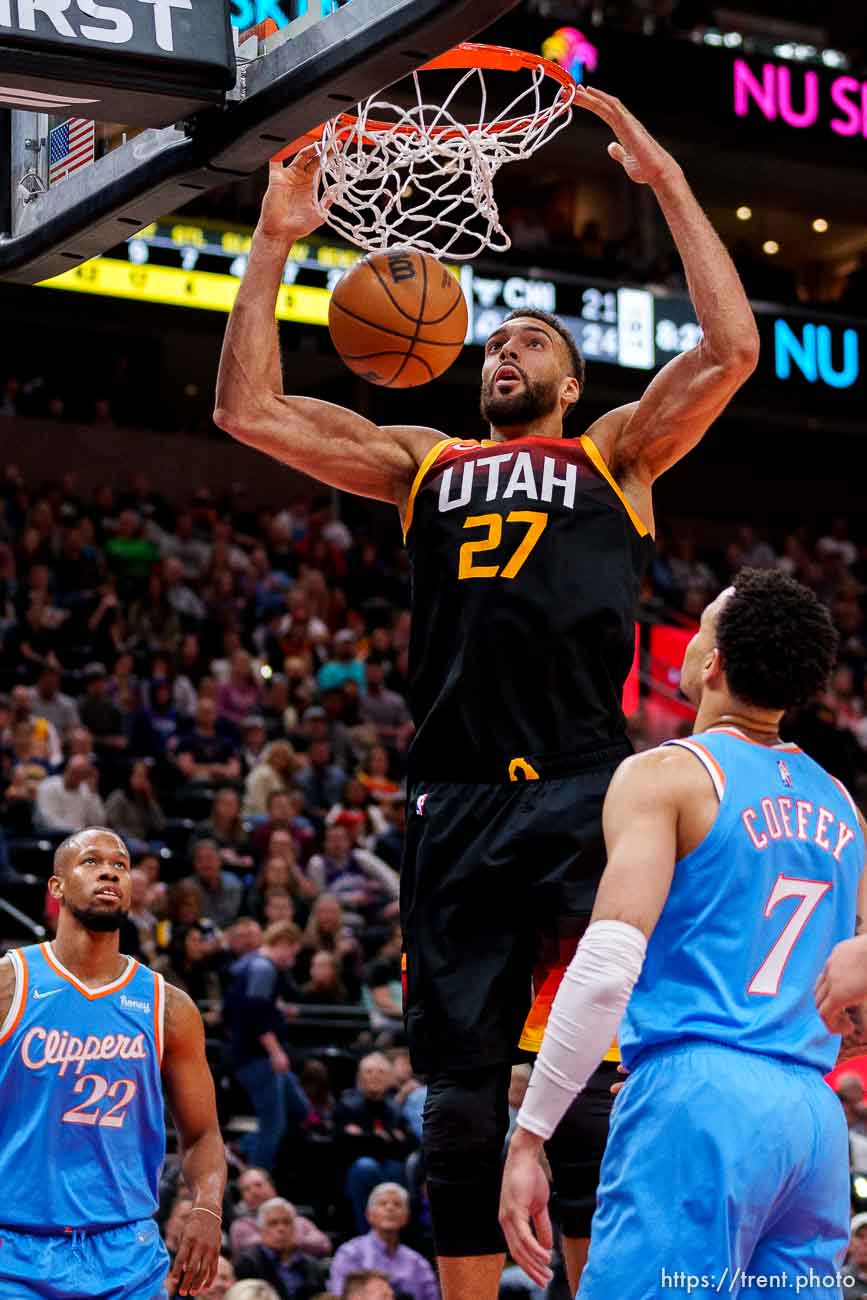 (Trent Nelson  |  The Salt Lake Tribune) Utah Jazz center Rudy Gobert (27) as the Utah Jazz host the Los Angeles Clippers, NBA basketball in Salt Lake City on Friday, March 18, 2022.