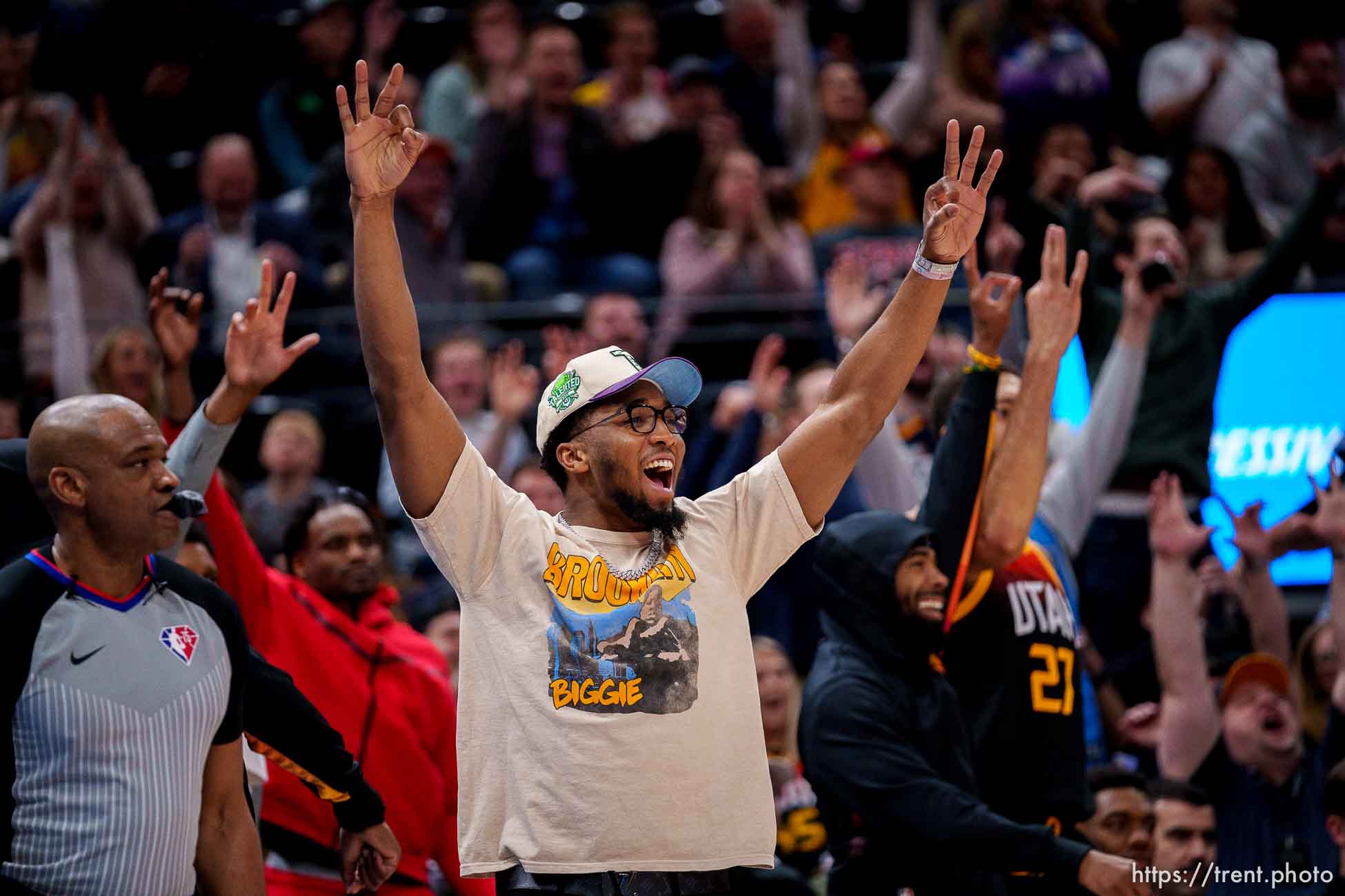 (Trent Nelson  |  The Salt Lake Tribune) Utah Jazz guard Donovan Mitchell (45) celebrates a three-pointer by Utah Jazz forward Xavier Sneed (19) as the Utah Jazz host the Los Angeles Clippers, NBA basketball in Salt Lake City on Friday, March 18, 2022.