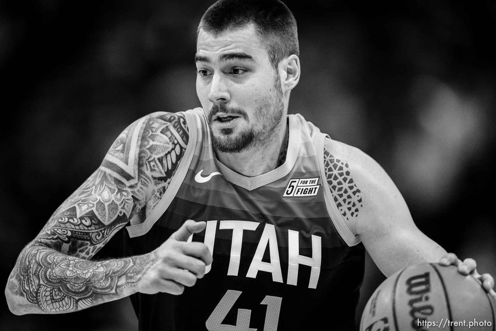 (Trent Nelson  |  The Salt Lake Tribune) Utah Jazz forward Juancho Hernangomez (41) as the Utah Jazz host the Los Angeles Clippers, NBA basketball in Salt Lake City on Friday, March 18, 2022.