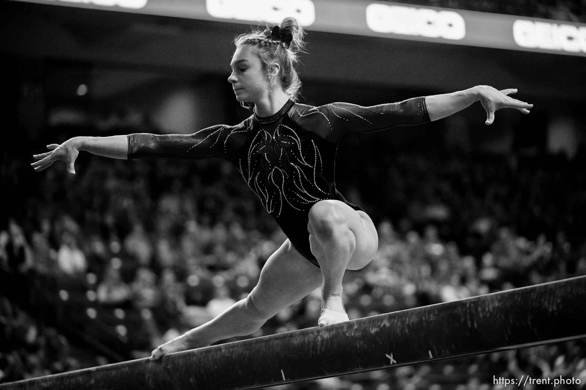 (Trent Nelson  |  The Salt Lake Tribune) Grace McCallum on beam at the Pac-12 gymnastics championships at the Maverik Center in West Valley City on Saturday, March 19, 2022.