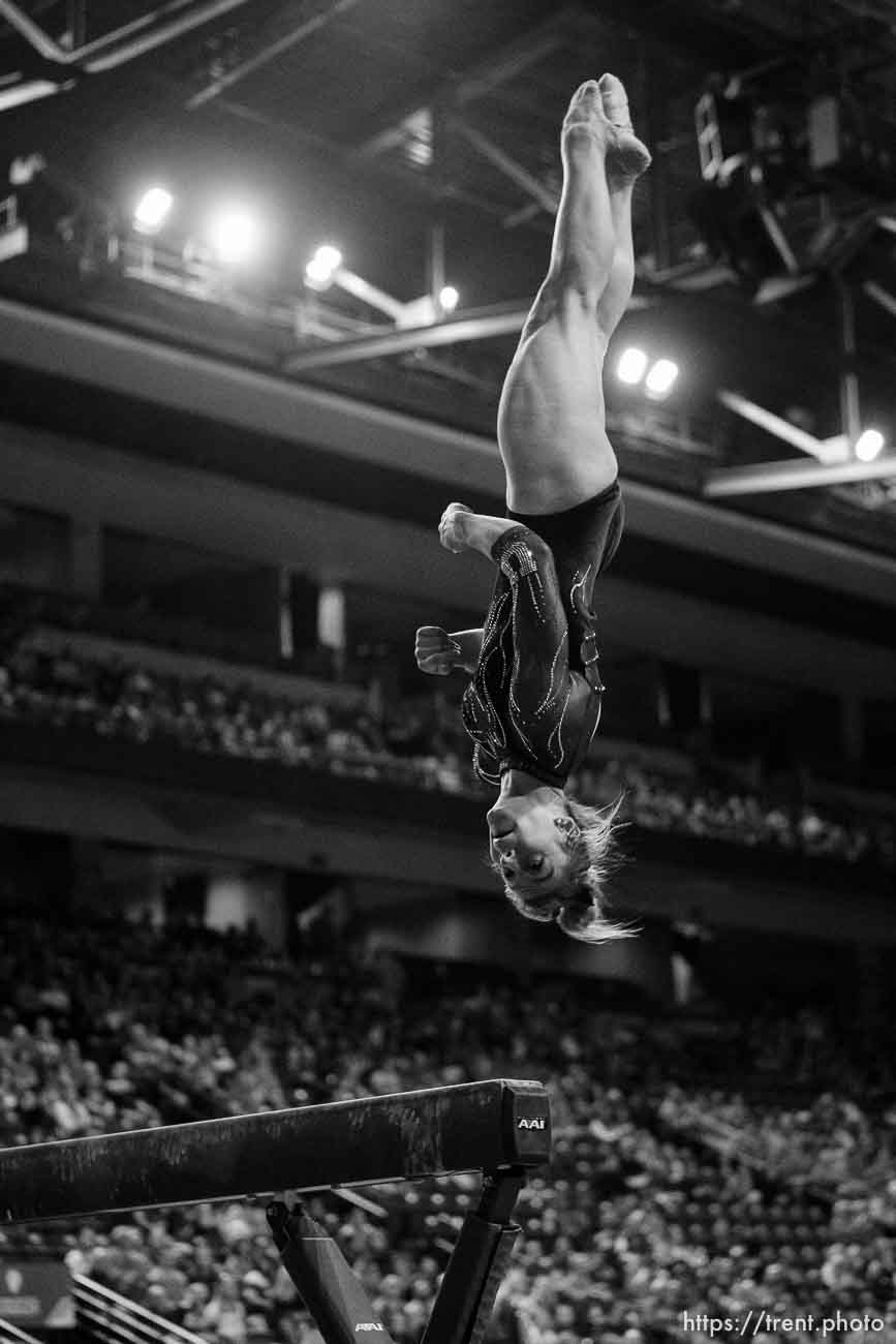 (Trent Nelson  |  The Salt Lake Tribune) Grace McCallum, beam, at the Pac-12 gymnastics championships at the Maverik Center in West Valley City on Saturday, March 19, 2022.