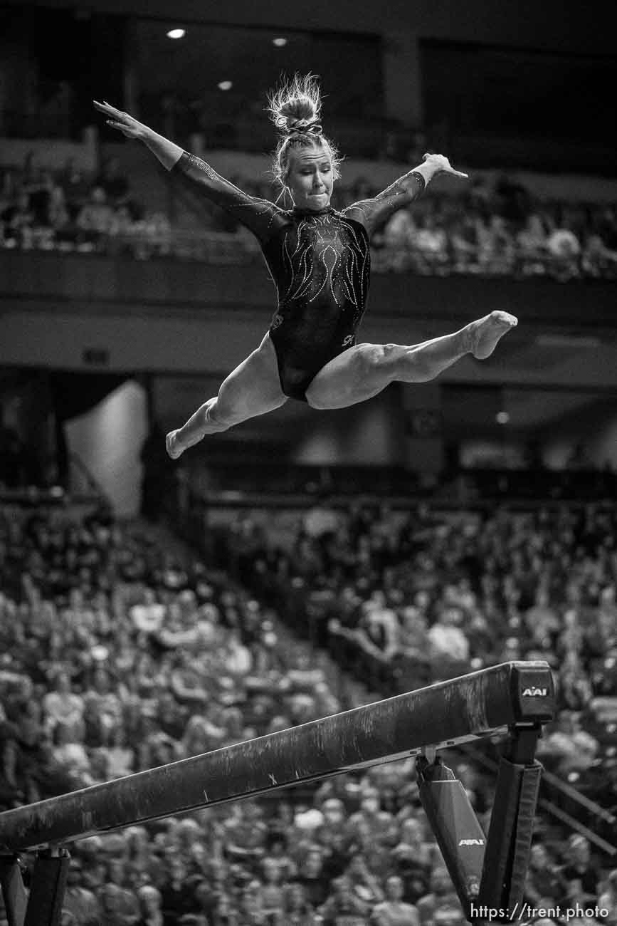 (Trent Nelson  |  The Salt Lake Tribune) Abby Paulson, beam, at the Pac-12 gymnastics championships at the Maverik Center in West Valley City on Saturday, March 19, 2022.