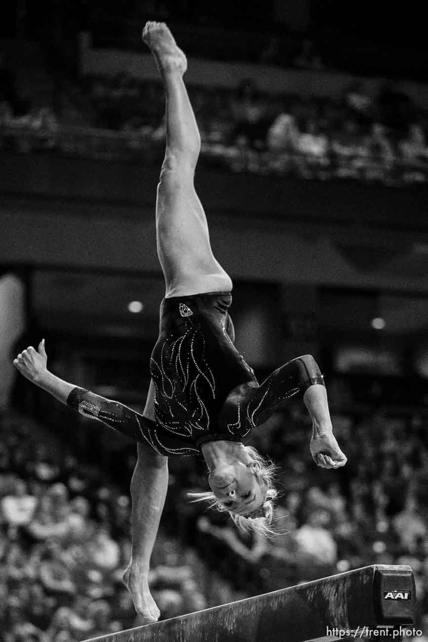 (Trent Nelson  |  The Salt Lake Tribune) Abby Paulson on beam at the Pac-12 gymnastics championships at the Maverik Center in West Valley City on Saturday, March 19, 2022.