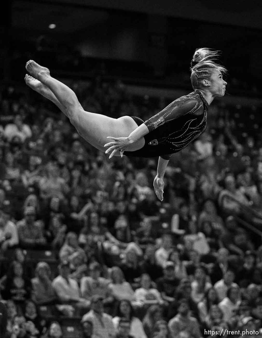 (Trent Nelson  |  The Salt Lake Tribune) Sydney Soloski on the floor at the Pac-12 gymnastics championships at the Maverik Center in West Valley City on Saturday, March 19, 2022.