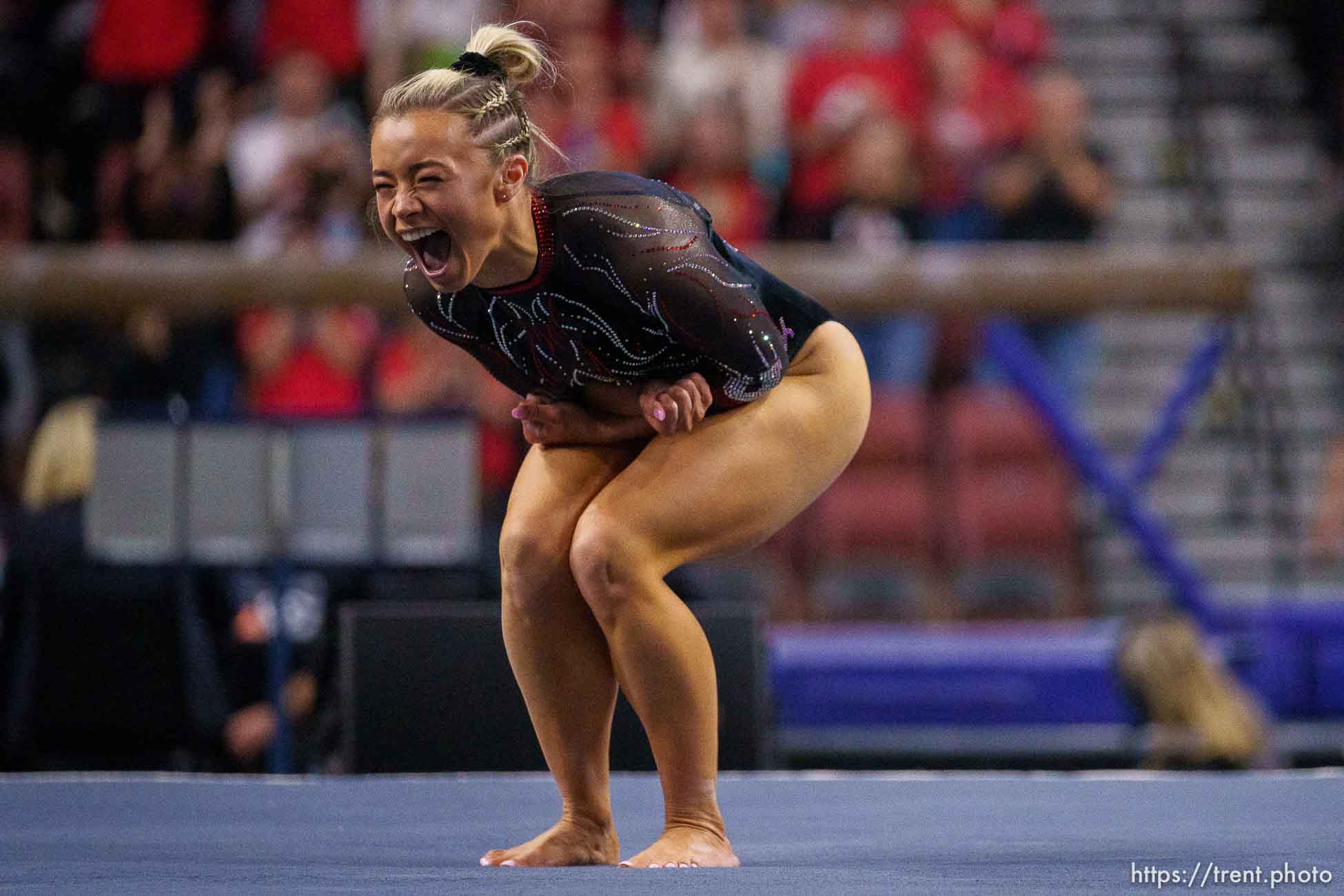 (Trent Nelson  |  The Salt Lake Tribune) Sydney Soloski reacts after her floor routine at the Pac-12 gymnastics championships at the Maverik Center in West Valley City on Saturday, March 19, 2022.