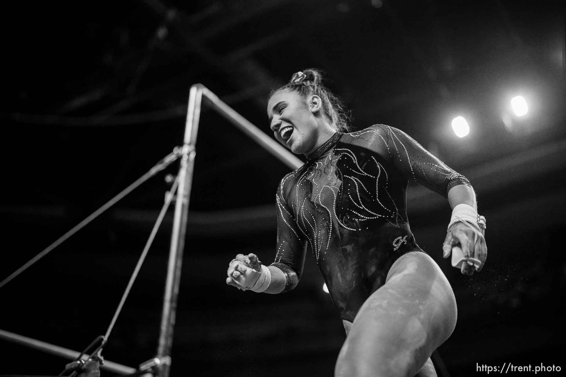 (Trent Nelson  |  The Salt Lake Tribune) Amelie Morgan at the Pac-12 gymnastics championships at the Maverik Center in West Valley City on Saturday, March 19, 2022.