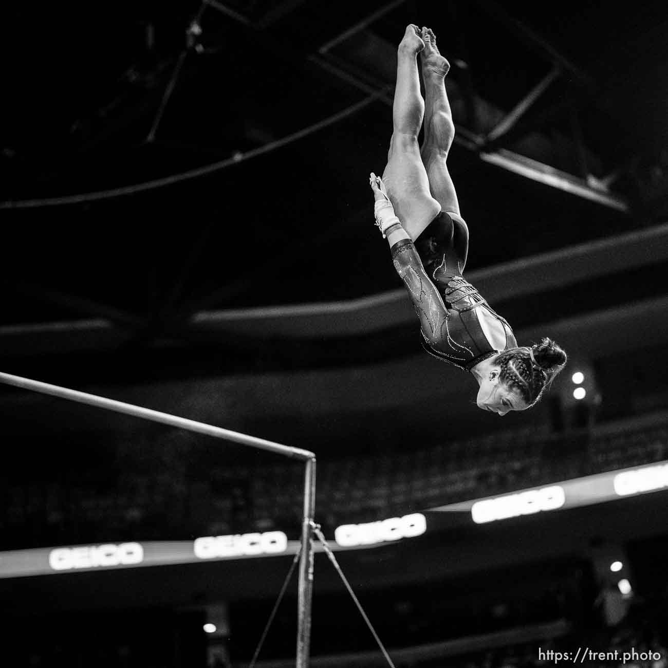 (Trent Nelson  |  The Salt Lake Tribune) Sage Thompson, bars, at the Pac-12 gymnastics championships at the Maverik Center in West Valley City on Saturday, March 19, 2022.