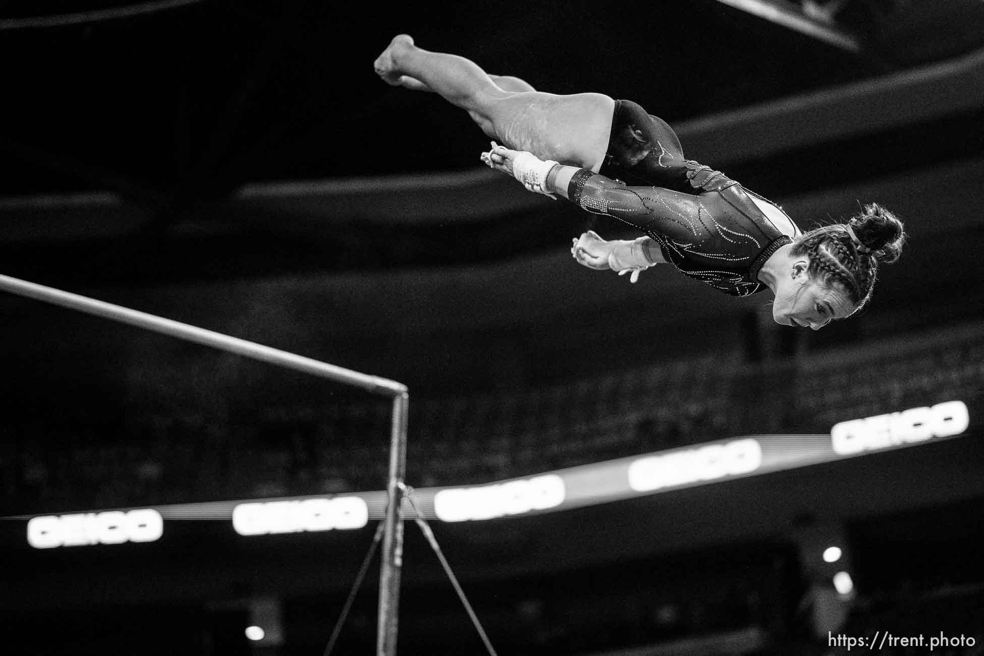 (Trent Nelson  |  The Salt Lake Tribune) Sage Thompson, bars, at the Pac-12 gymnastics championships at the Maverik Center in West Valley City on Saturday, March 19, 2022.