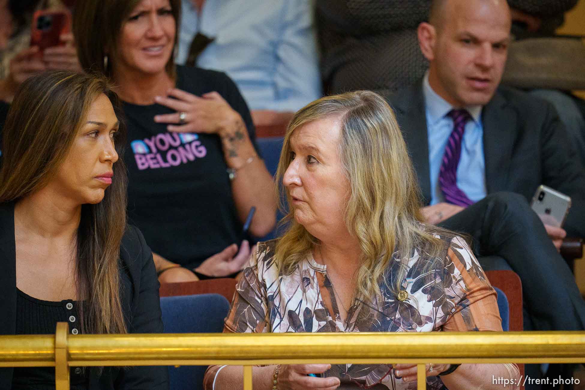 (Trent Nelson  |  The Salt Lake Tribune) Sue Robbins, at right, and others in the gallery of the Senate Chamber react to the absence of any debate as the Utah Legislature voted to override Gov. Spencer Cox’s veto of a controversial bill that would bar transgender girls from participating in school sports matching their gender identities, in Salt Lake City on Friday, March 25, 2022.