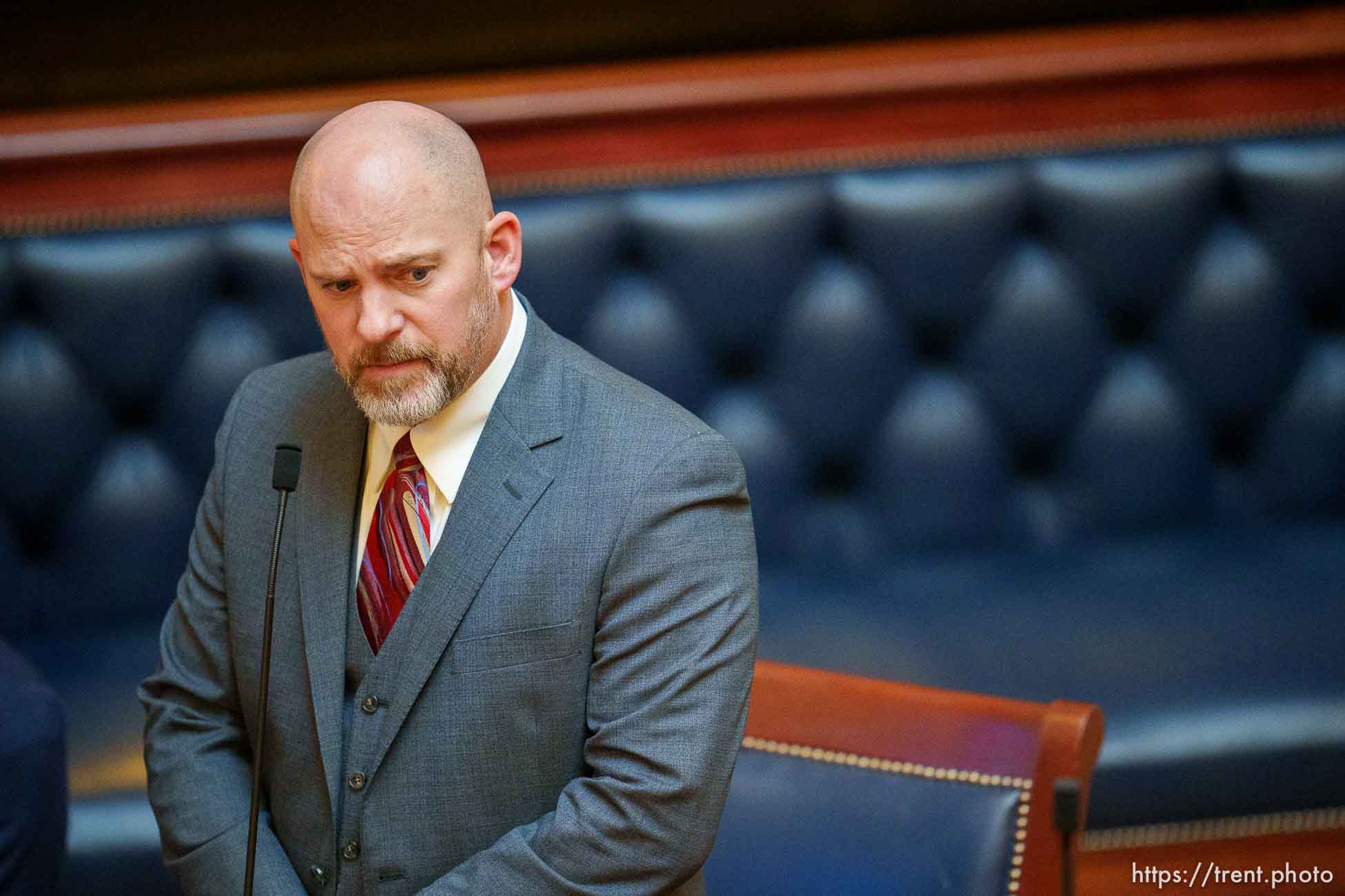 (Trent Nelson  |  The Salt Lake Tribune) Sen. Daniel Thatcher, R-West Valley City, speaks as the Utah Legislature voted to override Gov. Spencer Cox’s veto of a controversial bill that would bar transgender girls from participating in school sports matching their gender identities, in Salt Lake City on Friday, March 25, 2022.