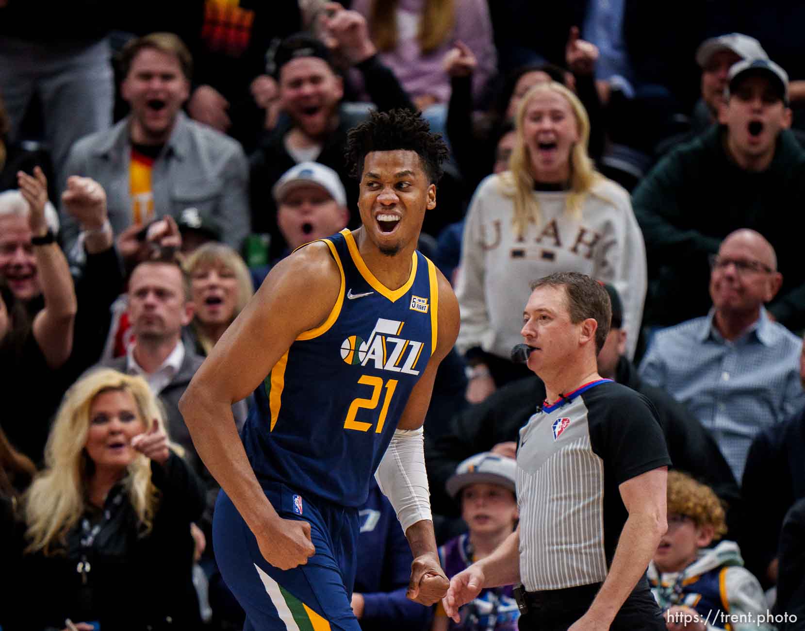 (Trent Nelson  |  The Salt Lake Tribune) Utah Jazz center Hassan Whiteside (21) reacts after blocking a shot by Memphis Grizzlies forward Jaren Jackson Jr. (13) as the Utah Jazz host the Memphis Grizzlies, NBA basketball in Salt Lake City on Tuesday, April 5, 2022.